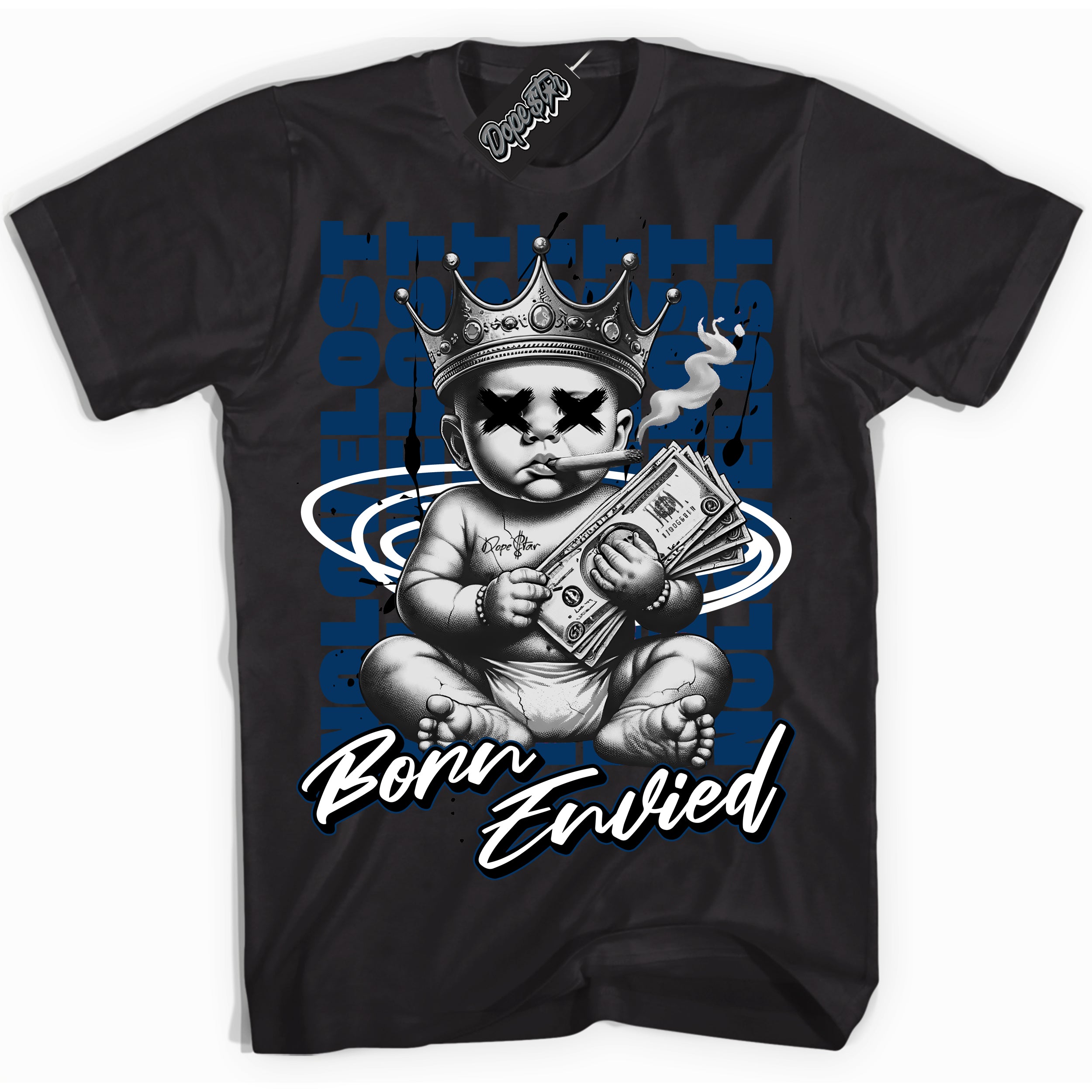 Cool Black Shirt with “Born Envied” design that perfectly matches the Midnight Navy 1s Sneakers.