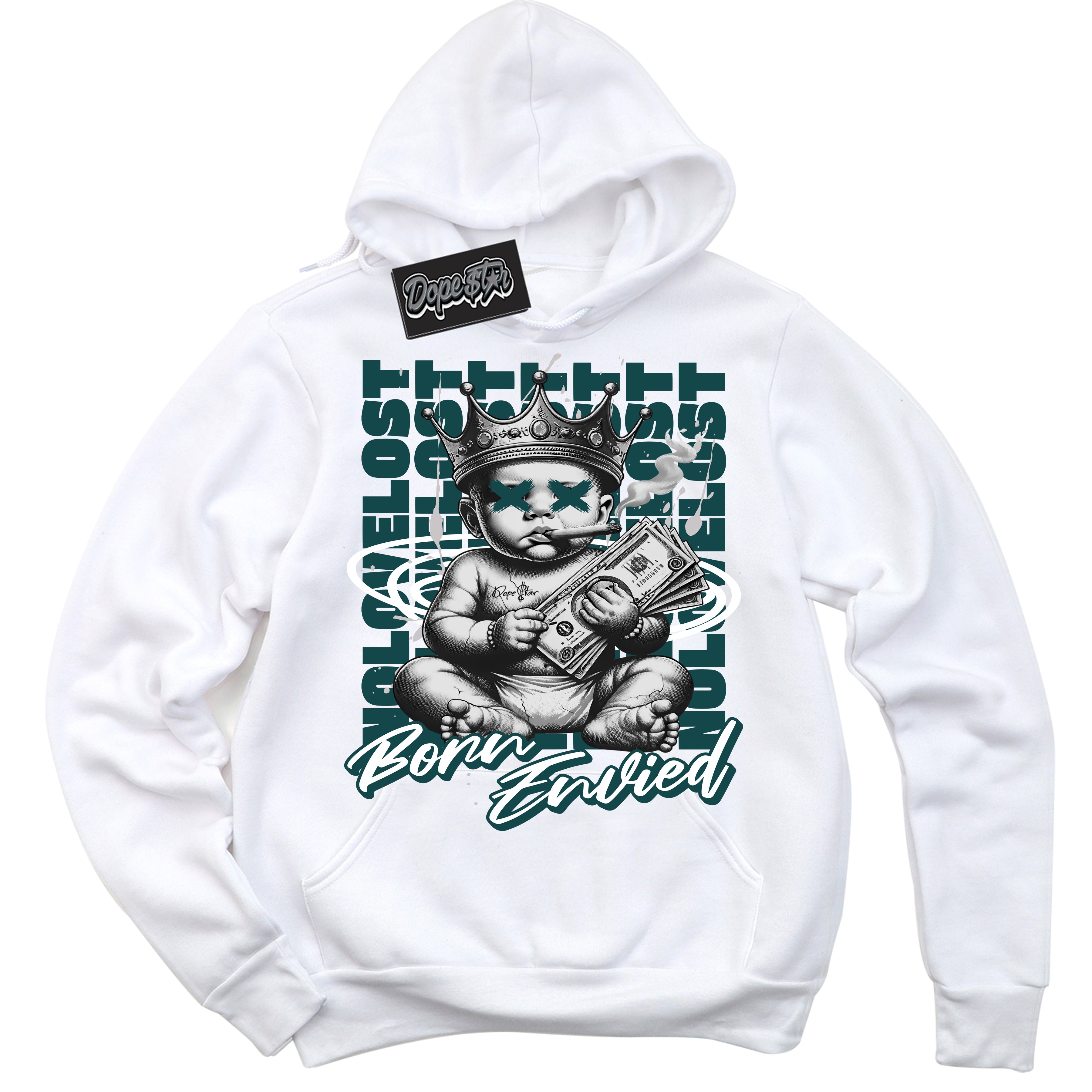 Cool White Hoodie with “Born Envied” design that Perfectly Matches Oxidized Green 1s Sneakers.