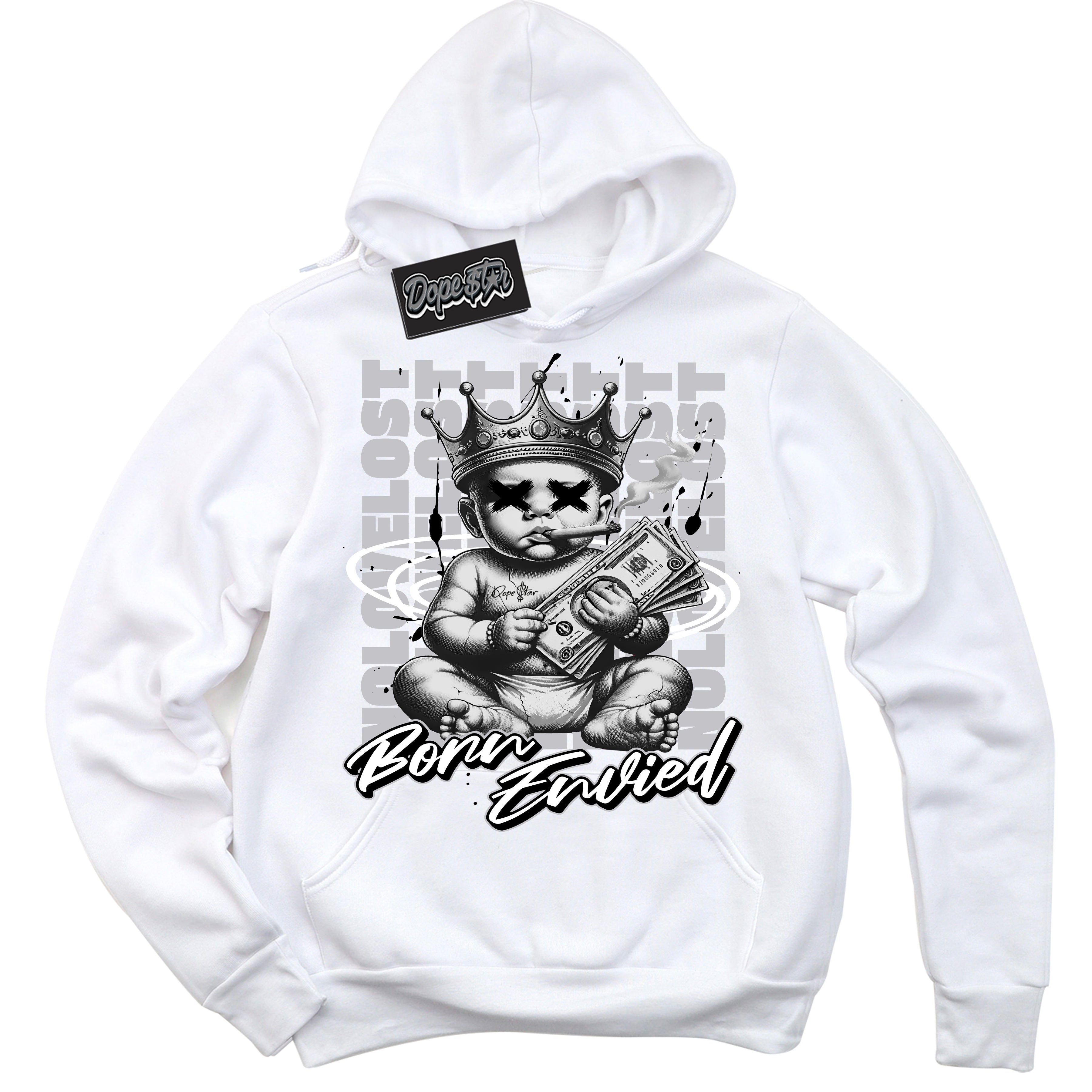 Cool White Hoodie with “Born Envied” design that Perfectly Matches Metallic Black 85' 1s Sneakers.