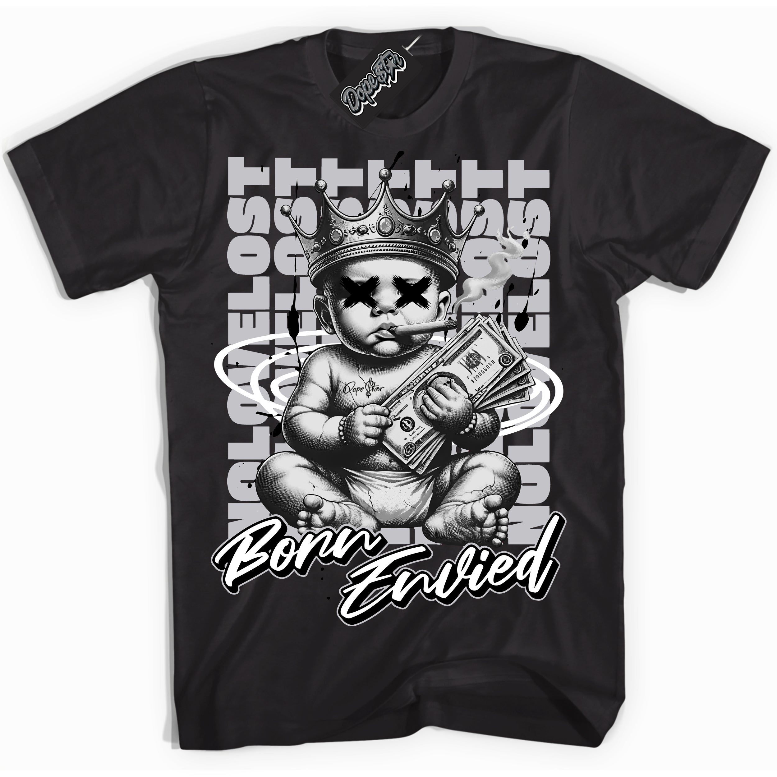 Cool Black Shirt with “Born Envied” design that perfectly matches the Metallic Black 85' 1s Sneakers.