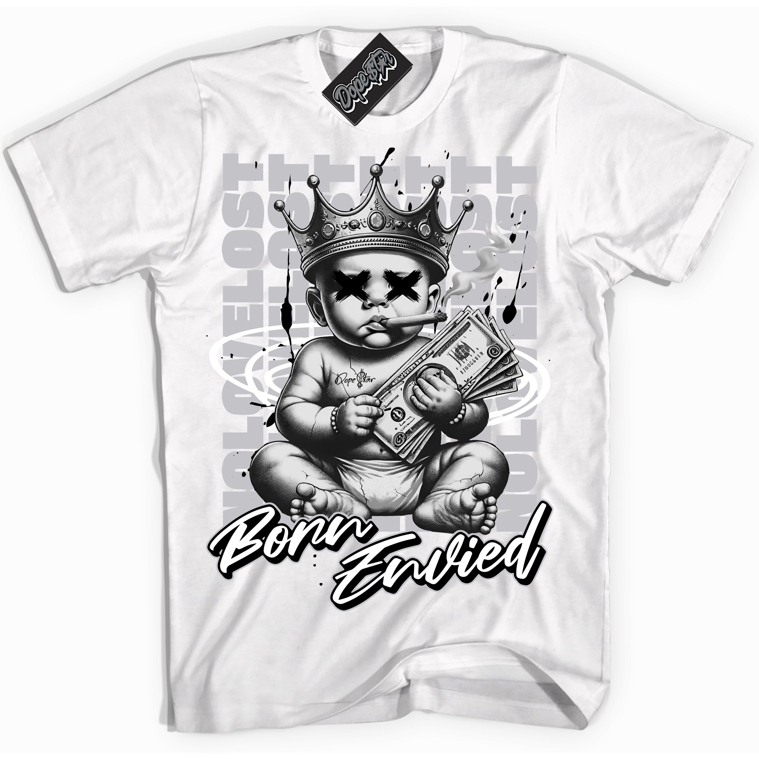 Cool White Shirt with “Born Envied” design that perfectly matches the Metallic Black 85' 1s Sneakers.