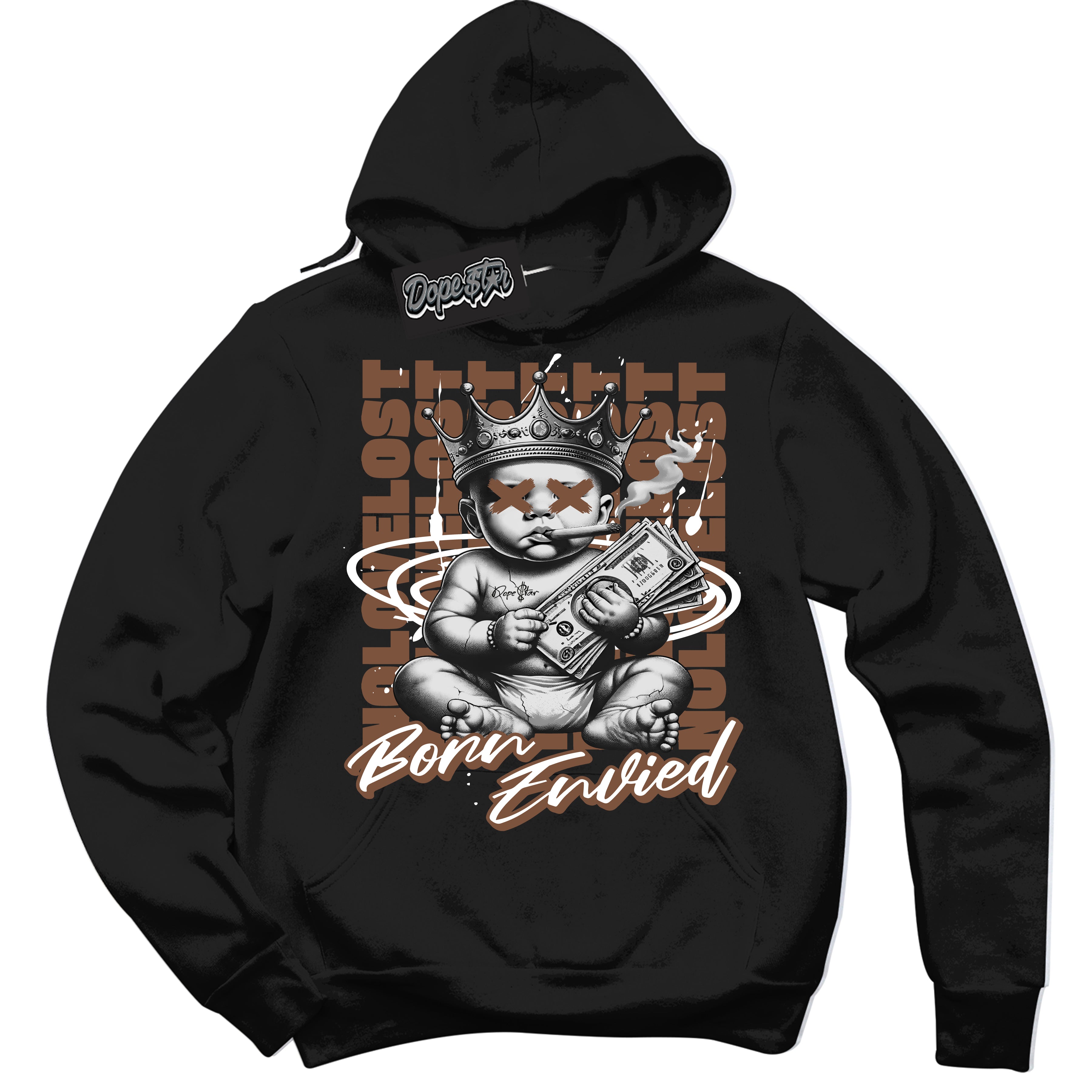 Cool Black Hoodie with “Born Envied” design that Perfectly Matches Archaeo Brown White 1s Sneakers.