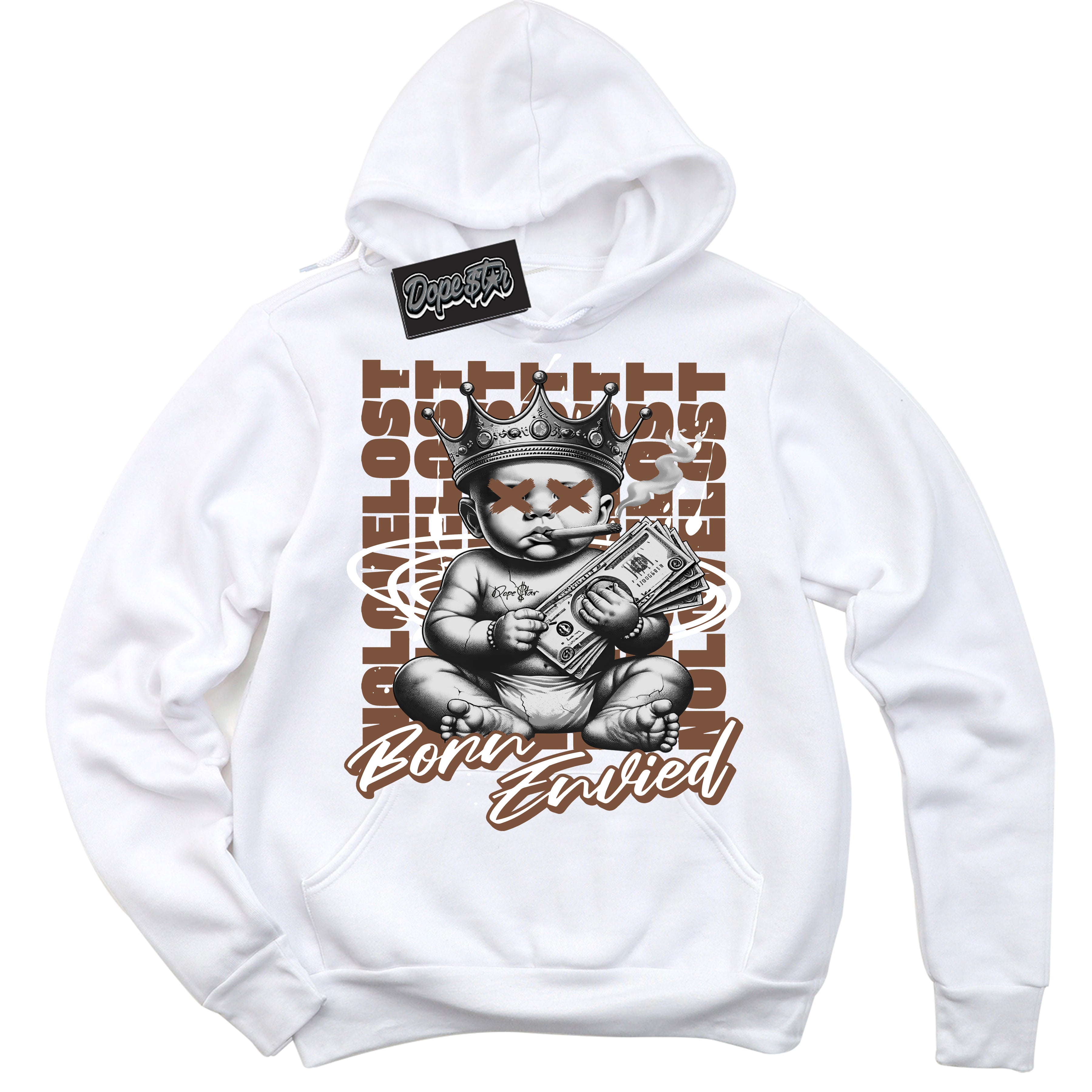 Cool White Hoodie with “Born Envied” design that Perfectly Matches Archaeo Brown White 1s Sneakers.