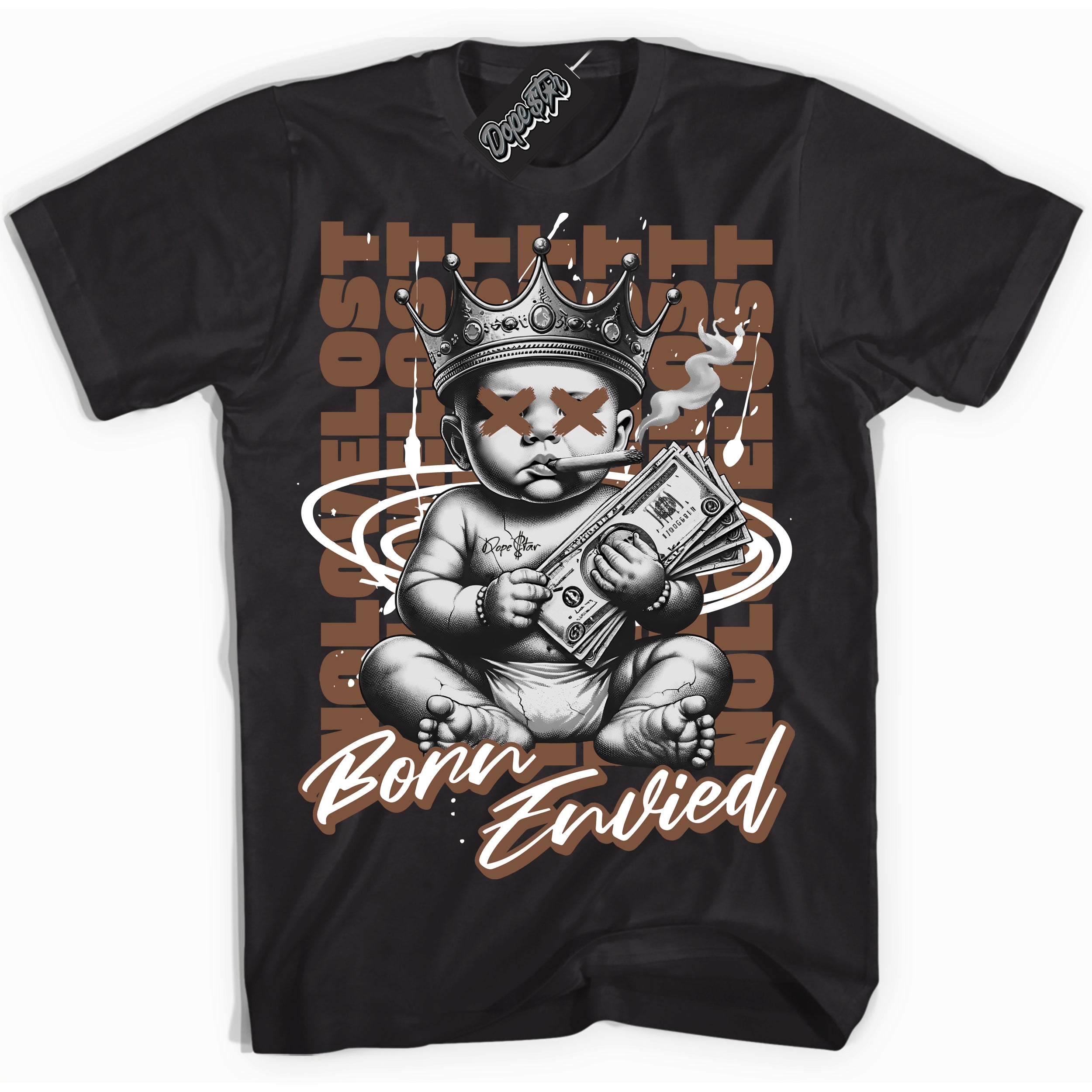 Cool Black Shirt with “Born Envied” design that perfectly matches the Archaeo Brown White 1s Sneakers.