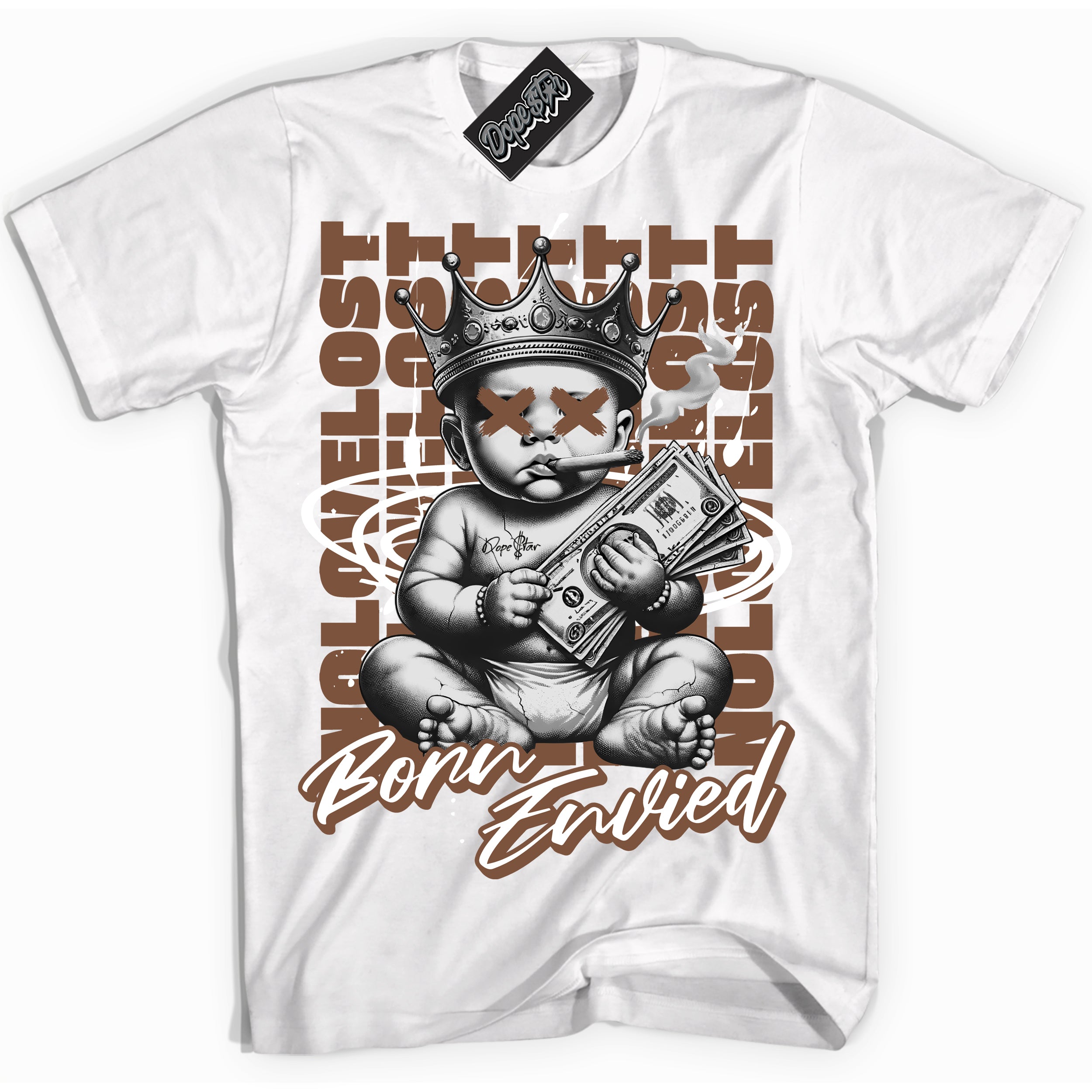 Cool White Shirt with “Born Envied” design that perfectly matches the Archaeo Brown White 1s Sneakers.