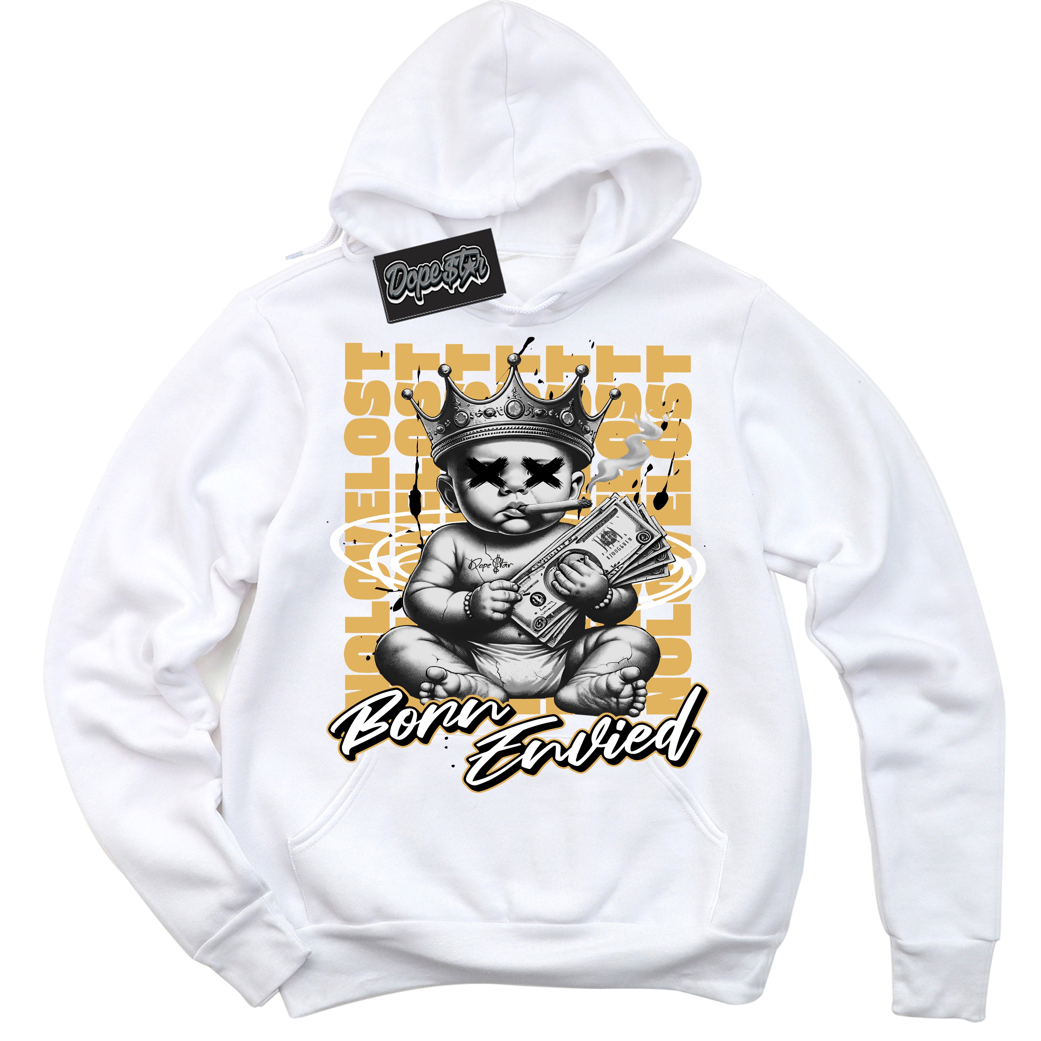 Cool White Hoodie with “Born Envied” design that Perfectly Matches Gold Swoosh 1s Sneakers.