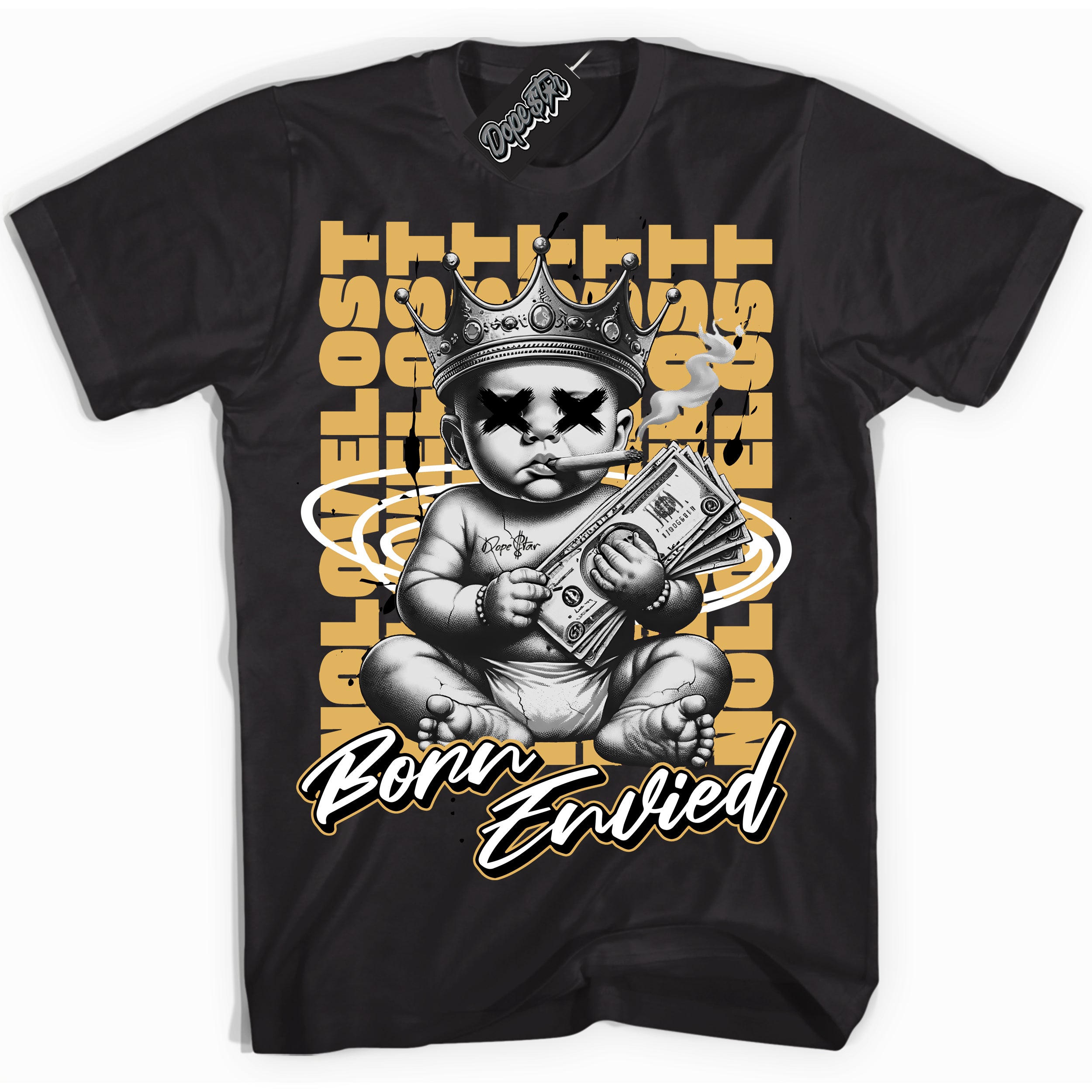 Cool Black Shirt with “Born Envied” design that perfectly matches the Gold Swoosh 1s Sneakers.