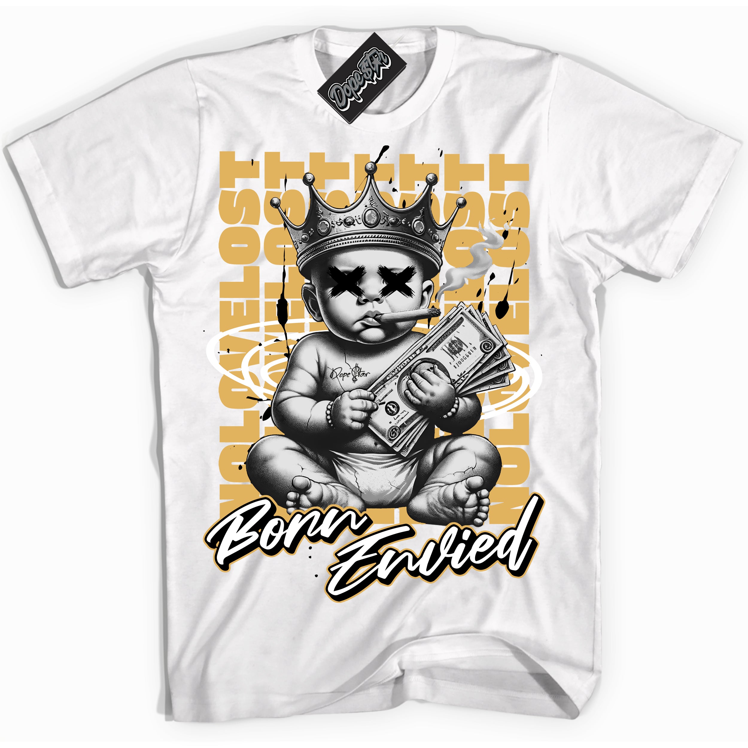 Cool White Shirt with “Born Envied” design that perfectly matches the Gold Swoosh 1s Sneakers.