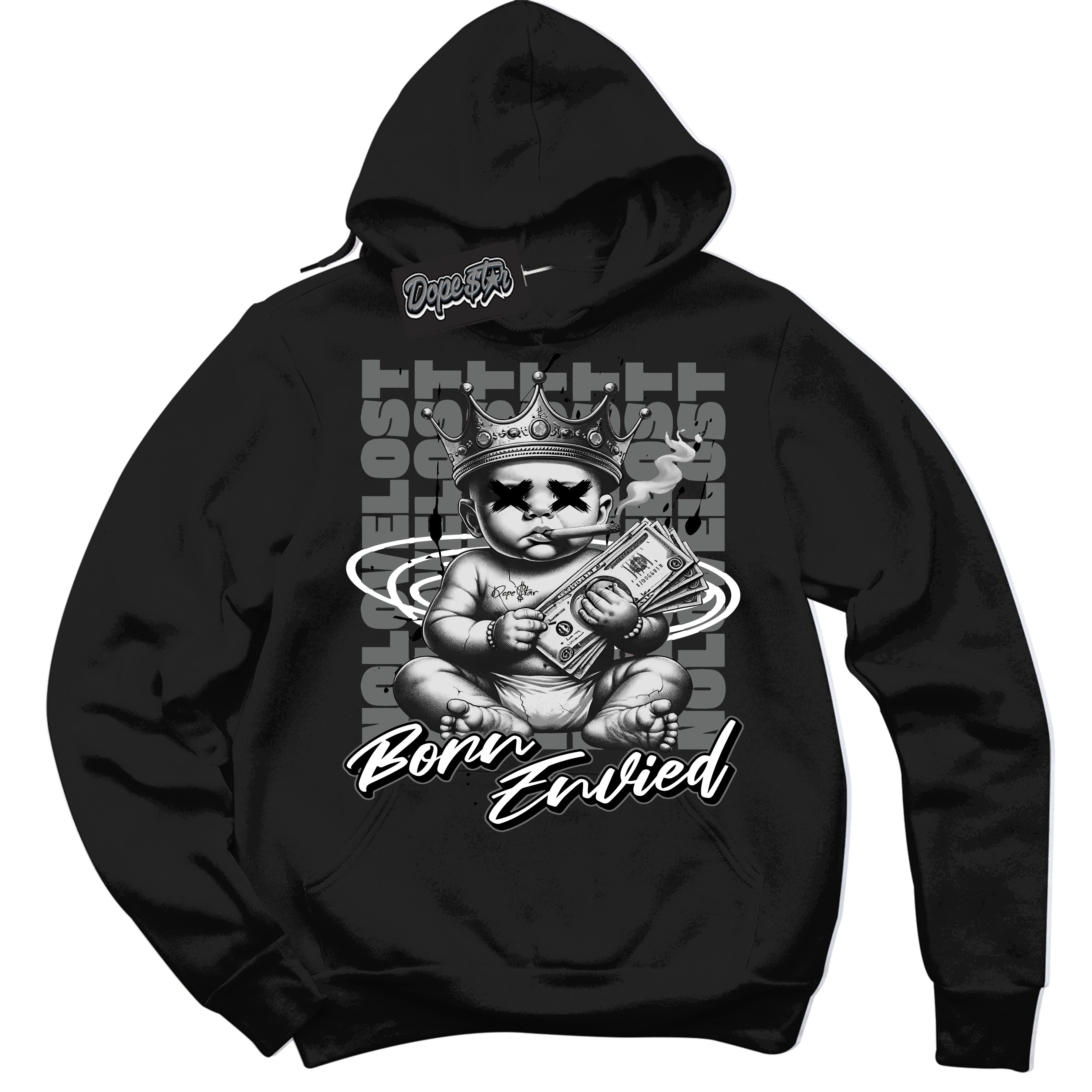 Cool Black Hoodie with “Born Envied” design that Perfectly Matches Iron Grey 1s Sneakers.