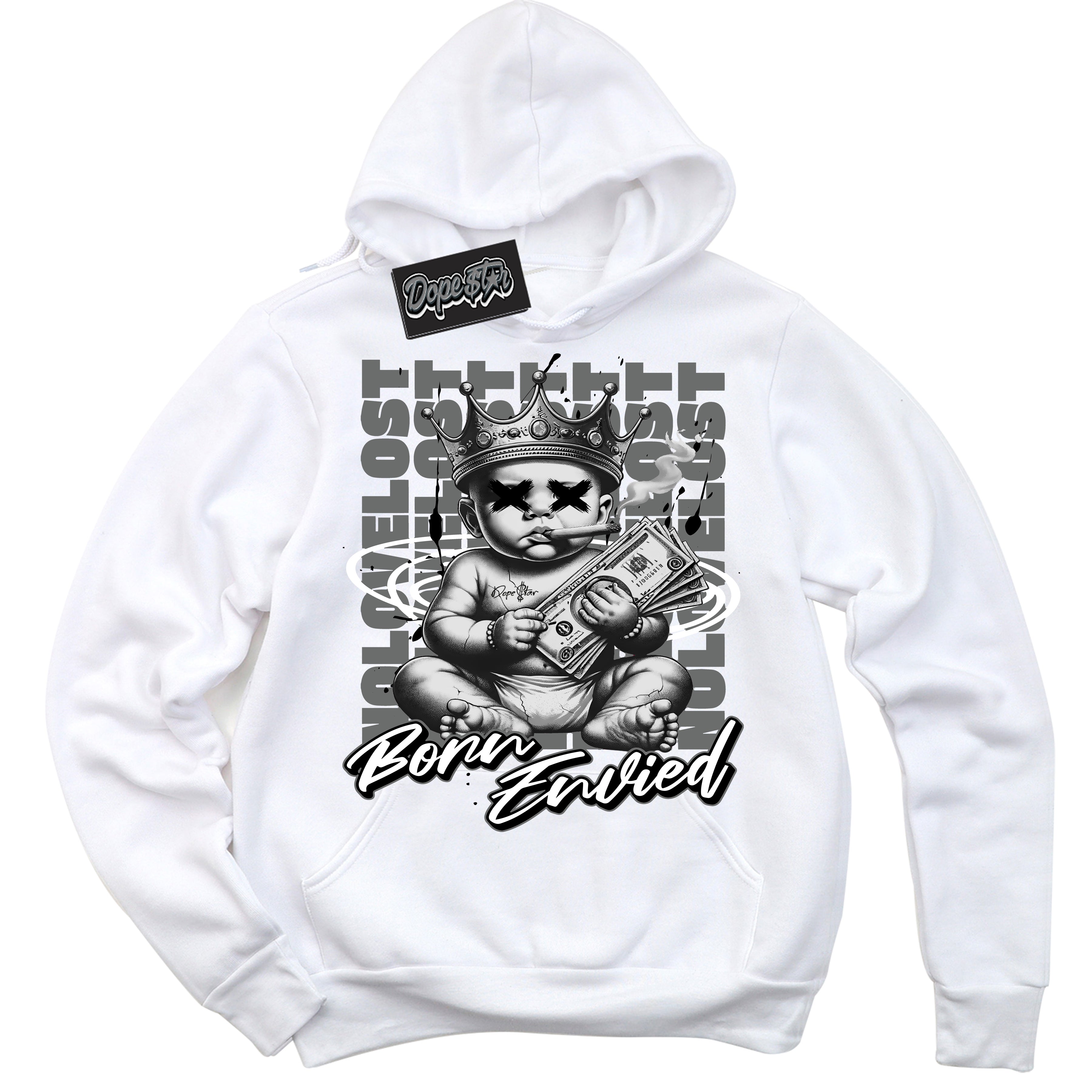 Cool White Hoodie with “Born Envied” design that Perfectly Matches Iron Grey 1s Sneakers.