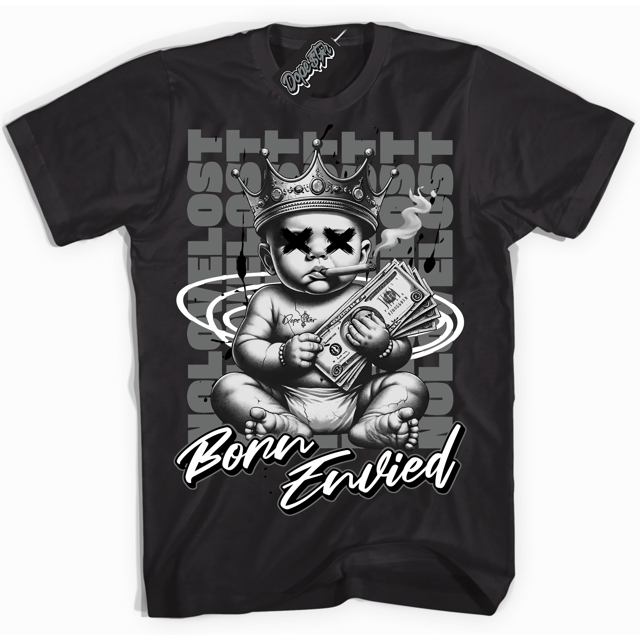 Cool Black Shirt with “Born Envied” design that perfectly matches the Iron Grey 1s Sneakers.