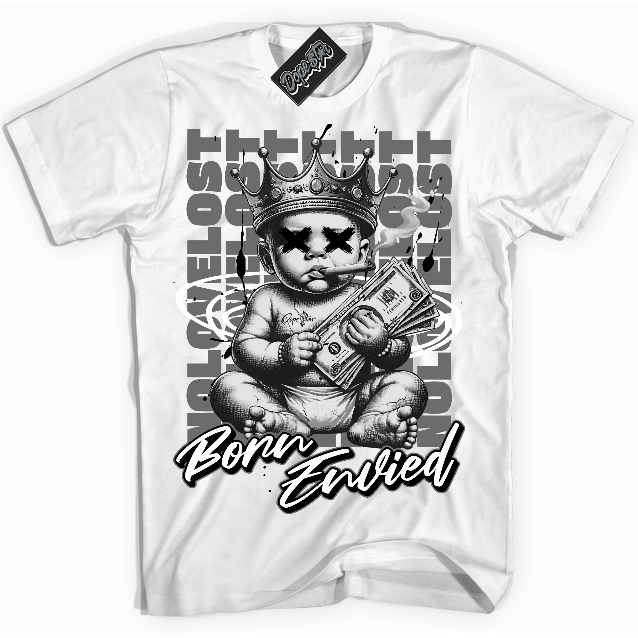 Cool White Shirt with “Born Envied” design that perfectly matches the Iron Grey 1s Sneakers.