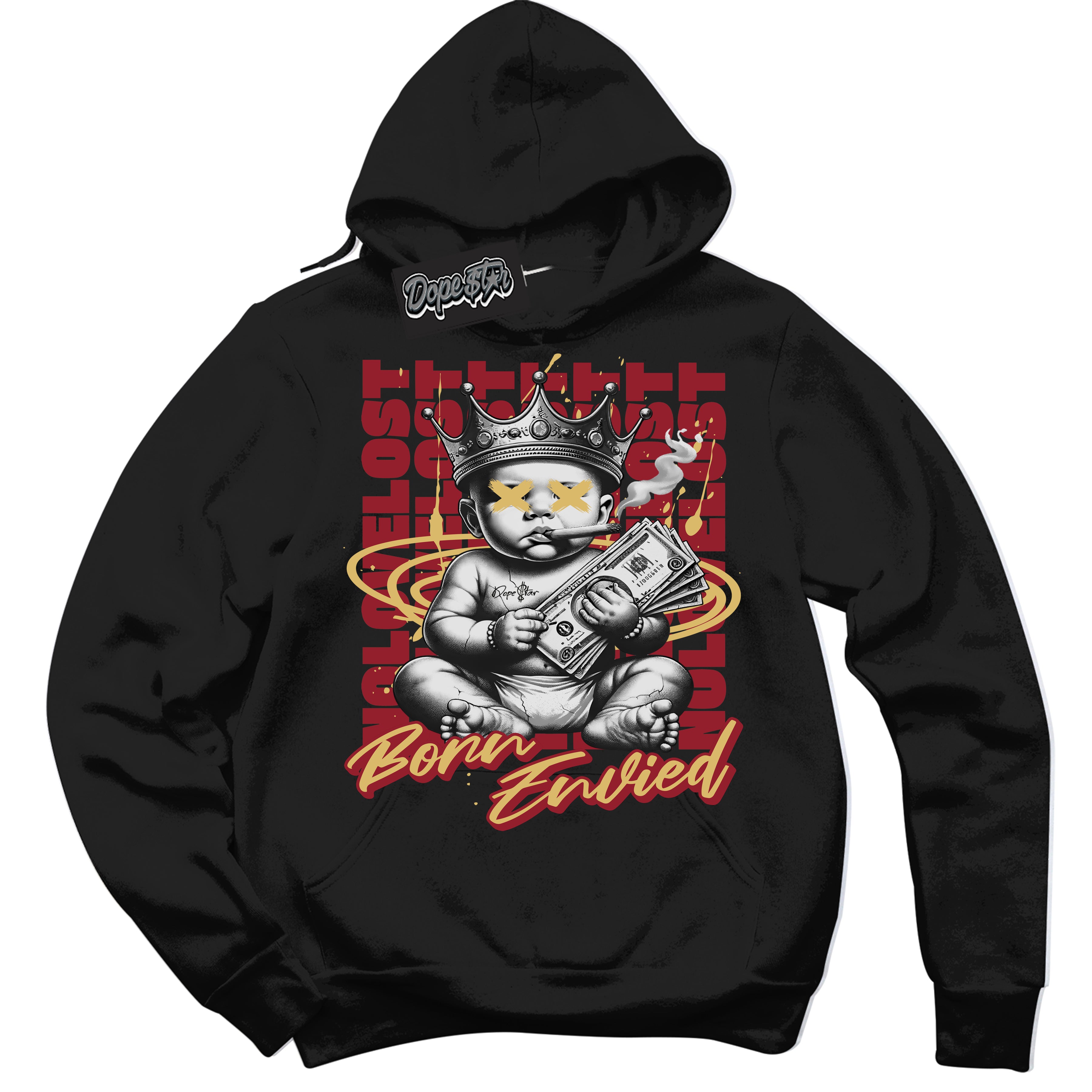 Cool Black Hoodie with “Born Envied” design that Perfectly Matches Method of Make Gym Red Metallic Gold 1s Sneakers.