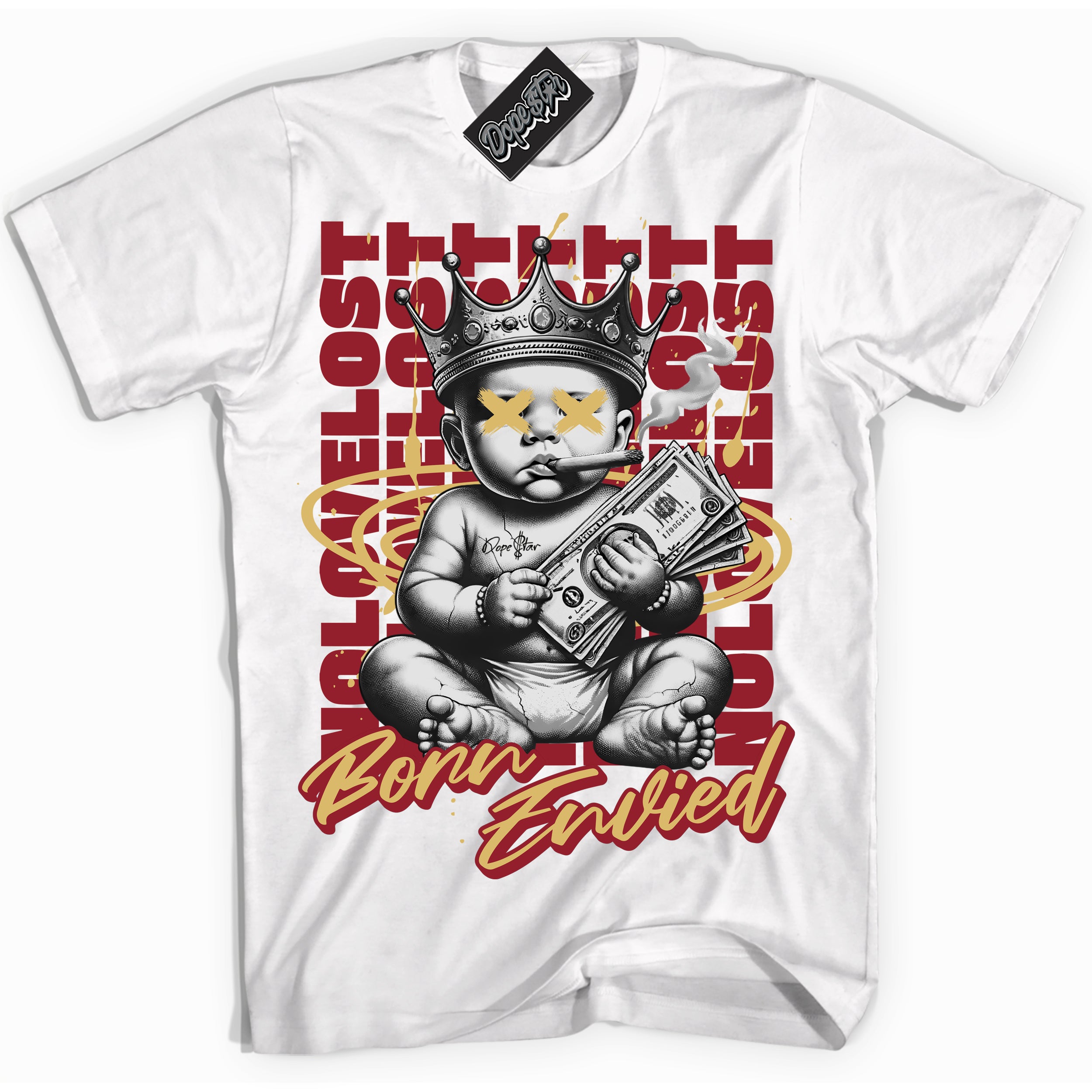 Cool White Shirt with “Born Envied” design that perfectly matches the Method of Make Gym Red Metallic Gold 1s Sneakers.