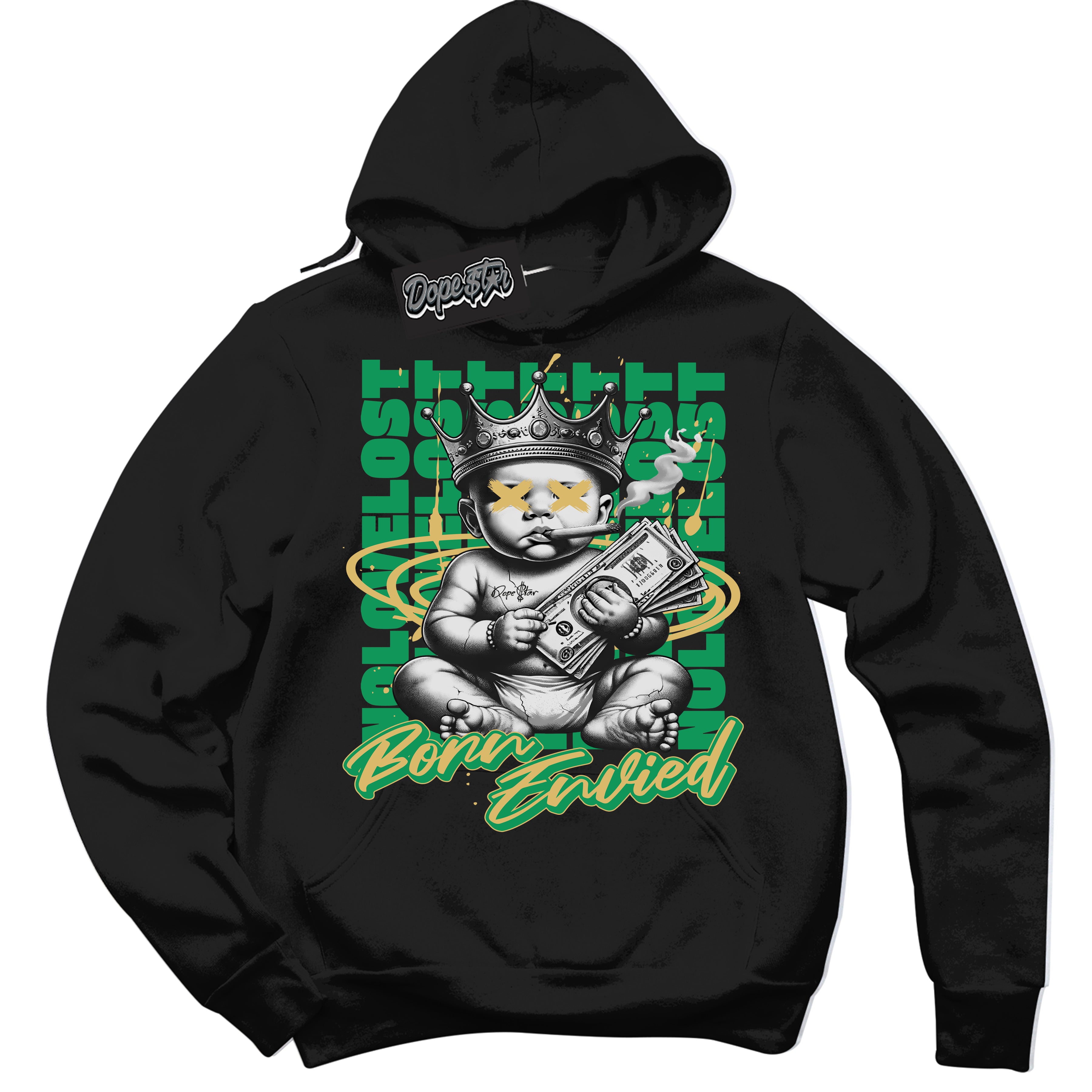 Cool Black Hoodie with “Born Envied” design that Perfectly Matches Method Of Make Lucky Green 1s Sneakers.