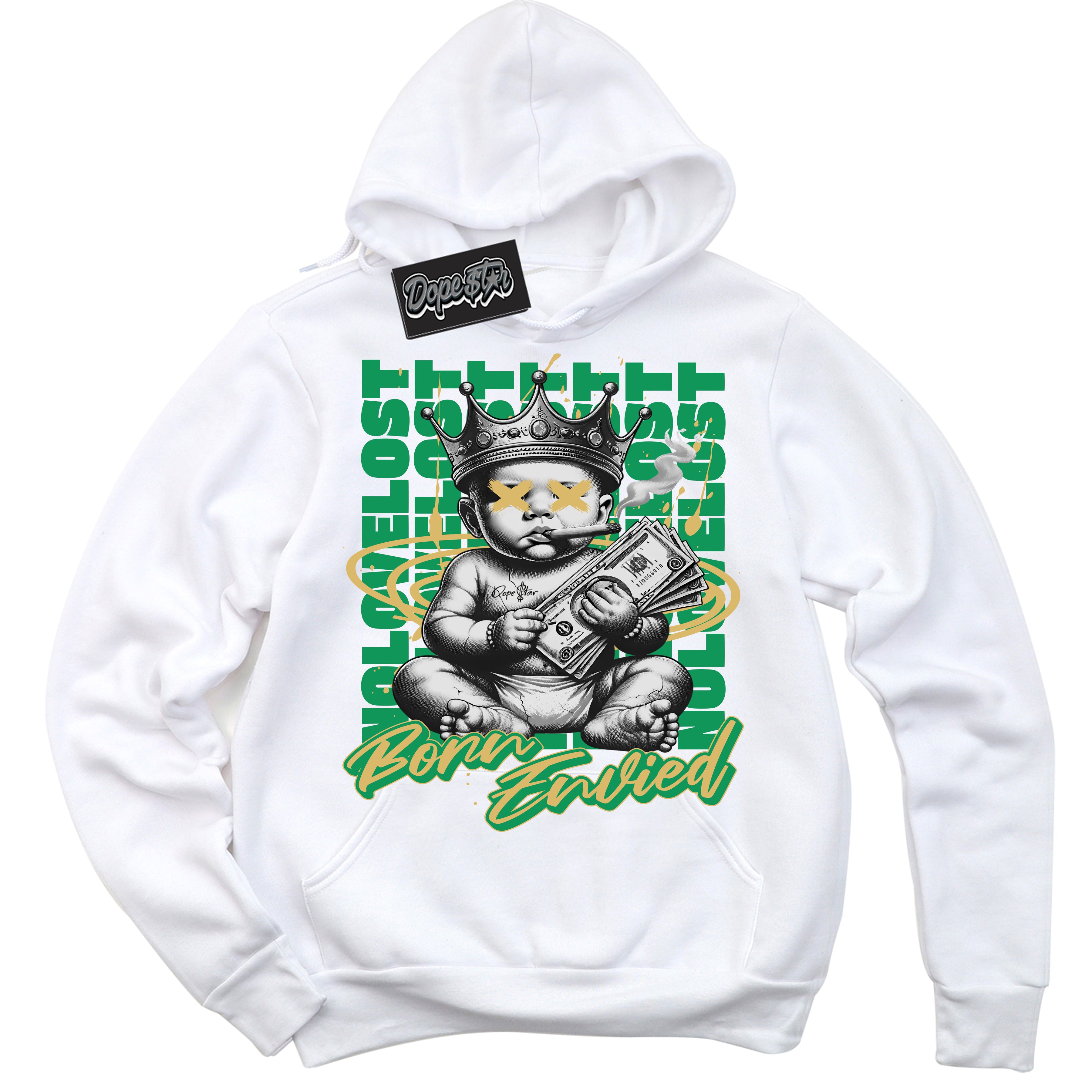 Cool White Hoodie with “Born Envied” design that Perfectly Matches Method Of Make Lucky Green 1s Sneakers.