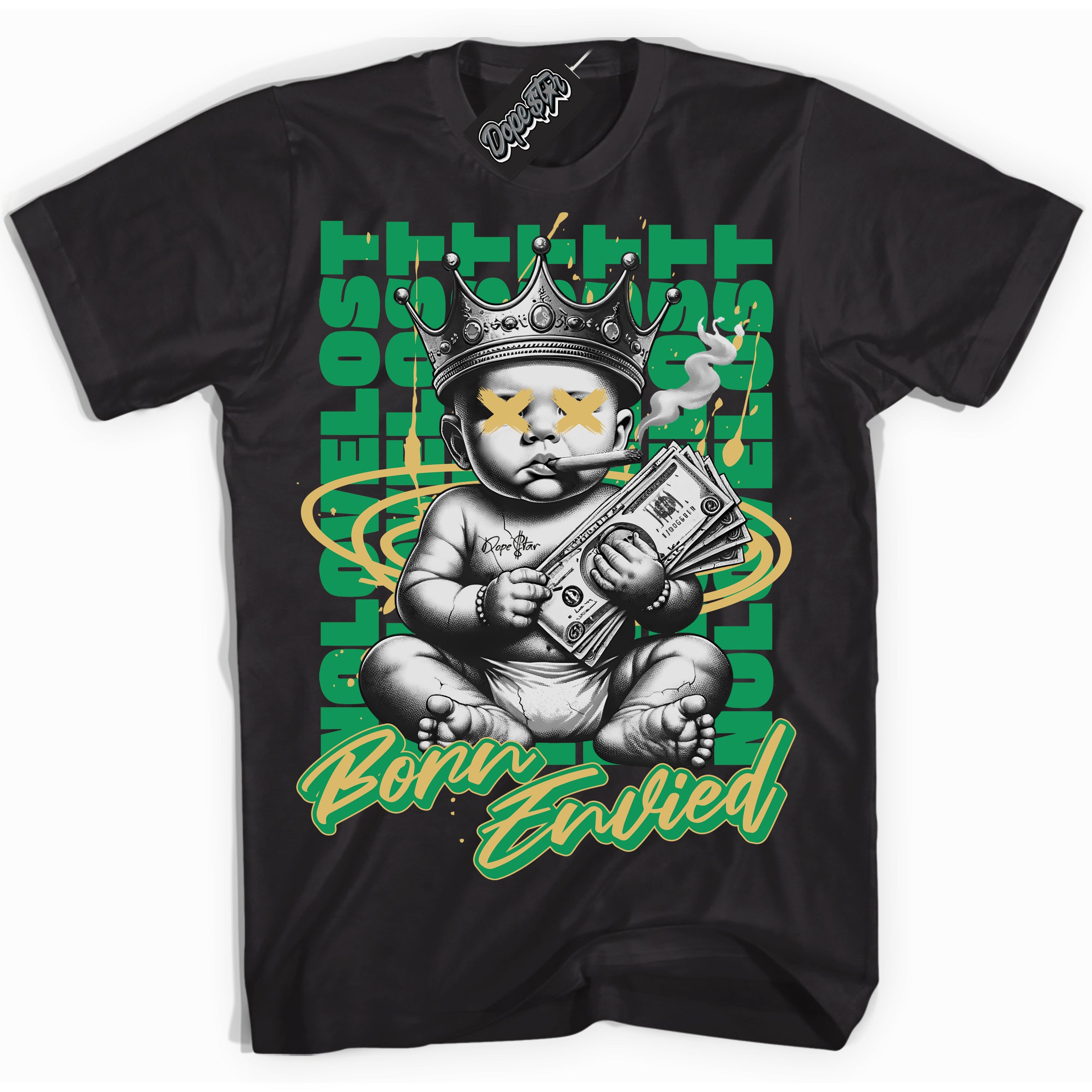 Cool Black Shirt with “Born Envied” design that perfectly matches the Method Of Make Lucky Green 1s Sneakers.