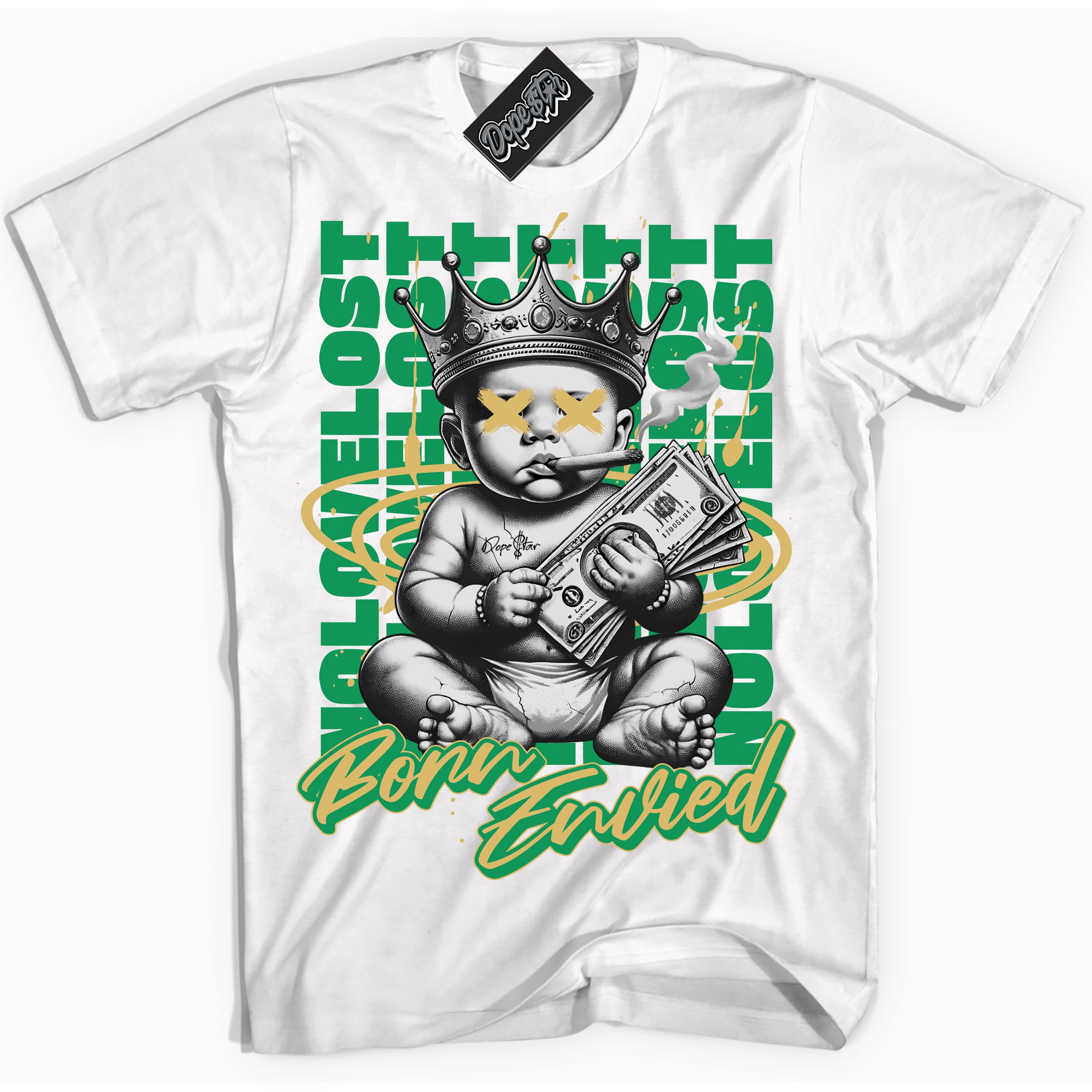 Cool White Shirt with “Born Envied” design that perfectly matches the Method Of Make Lucky Green 1s Sneakers.