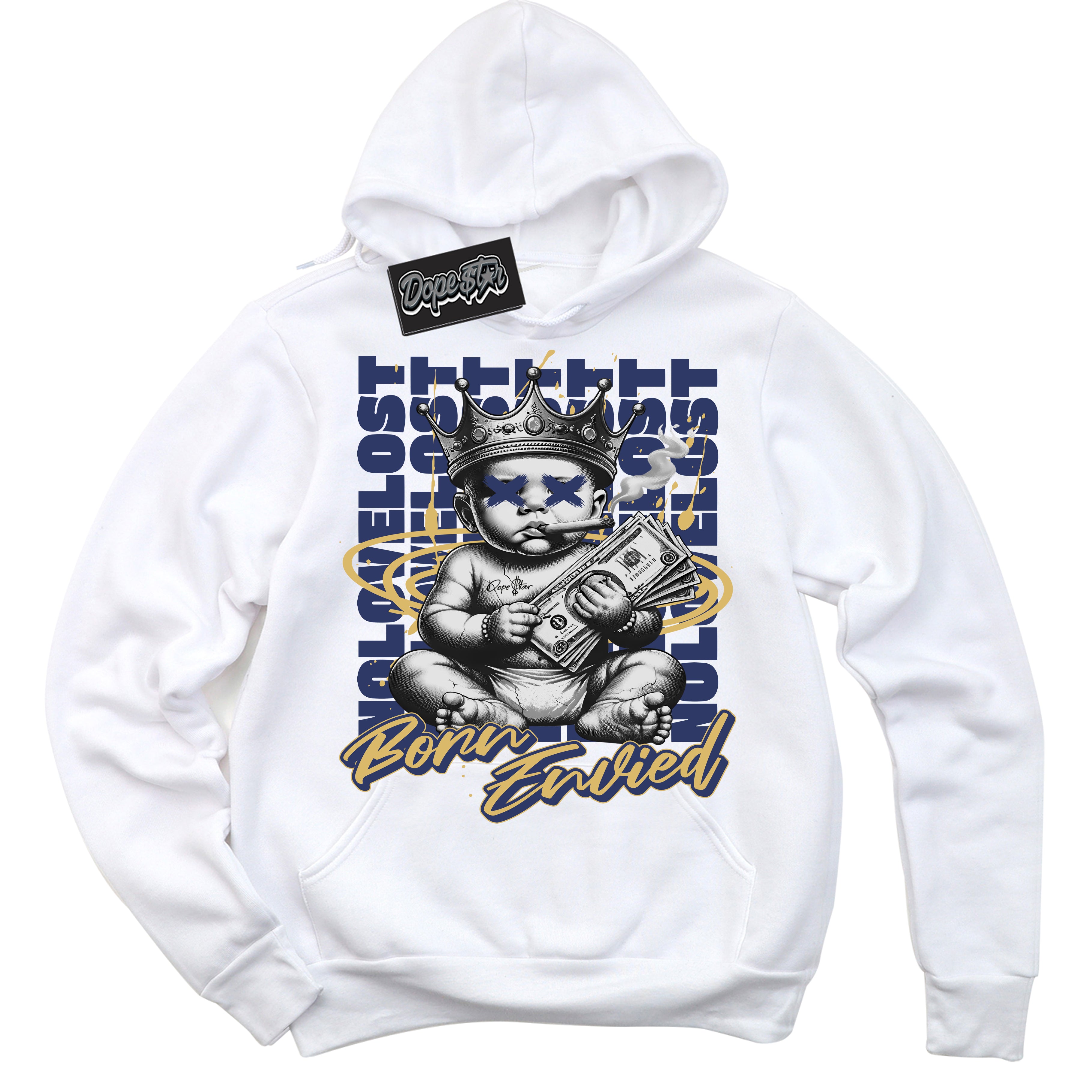 Cool White Hoodie with “Born Envied” design that Perfectly Matches Method Of Make Navy Metallic Gold 1s Sneakers.