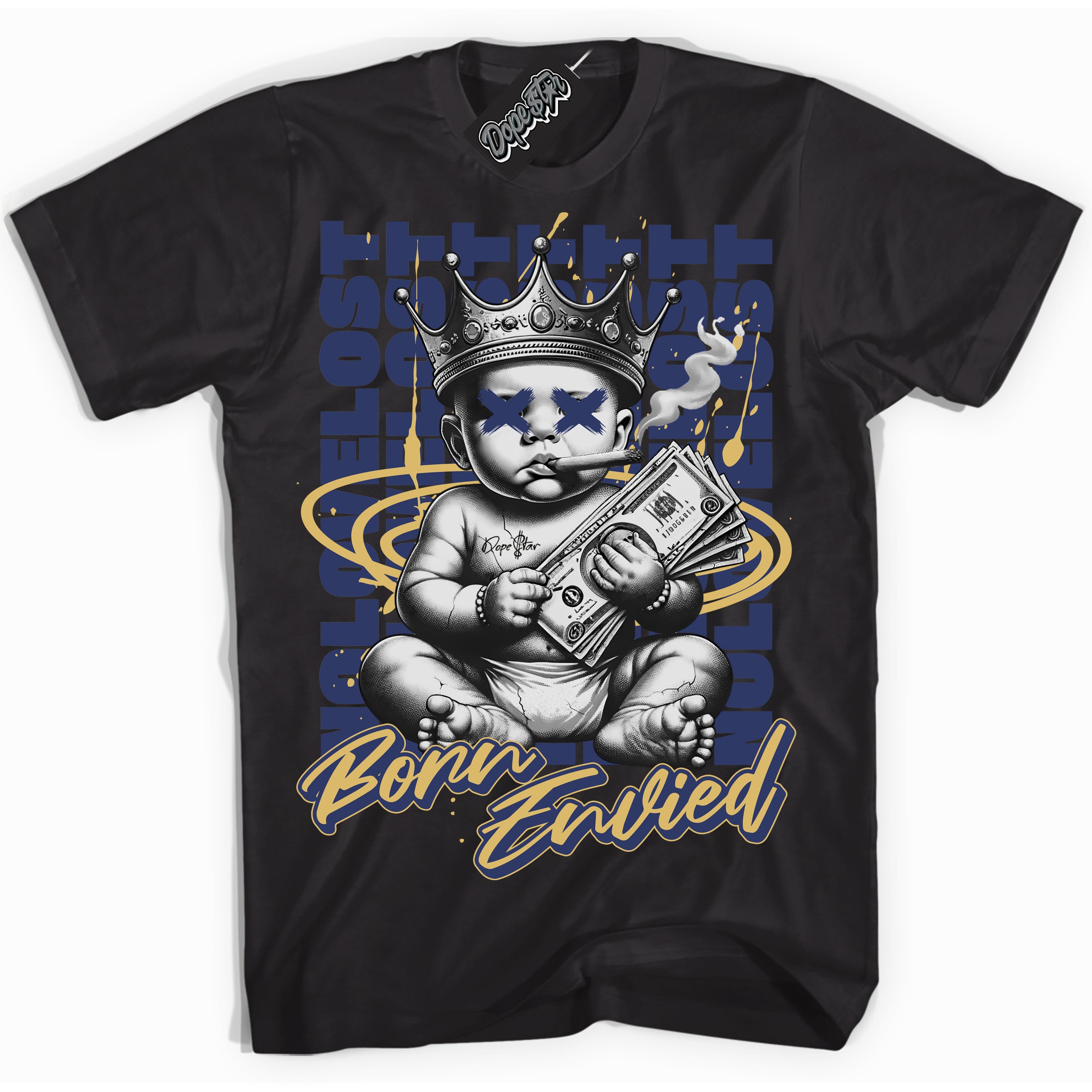 Cool Black Shirt with “Born Envied” design that perfectly matches the Method Of Make Navy Metallic Gold 1s Sneakers.