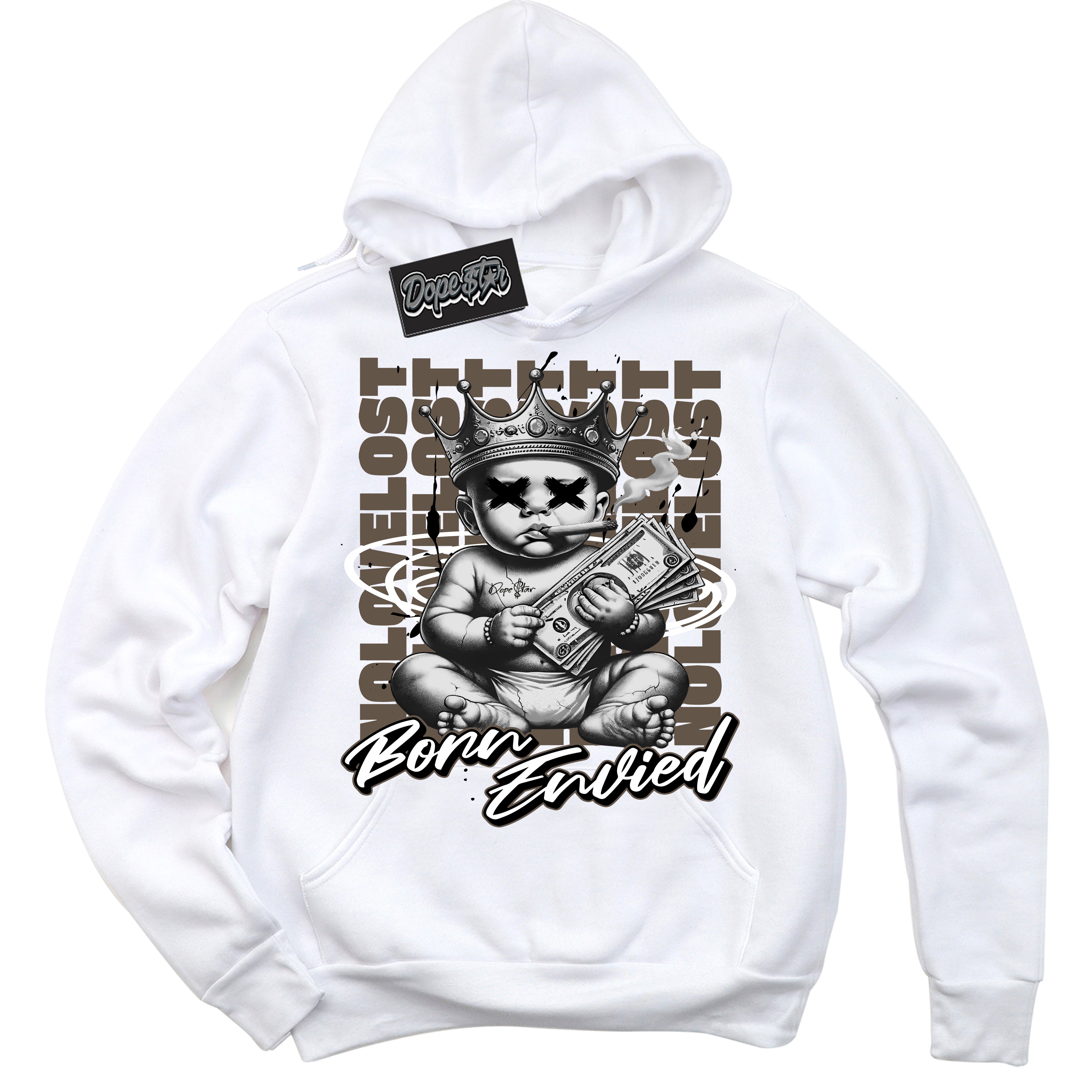 Cool White Hoodie with “Born Envied” design that Perfectly Matches Mocha Palomino 1s Sneakers.