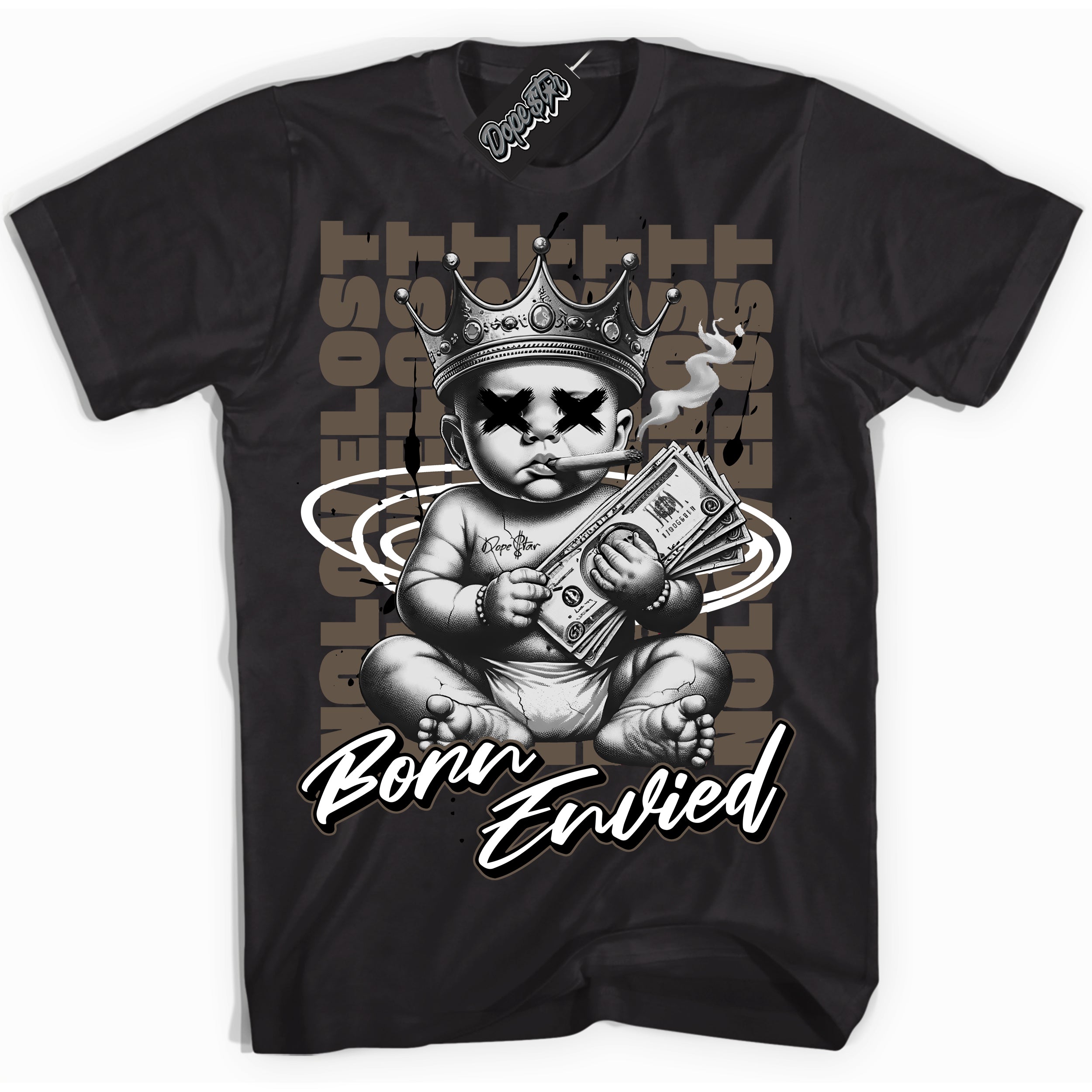 Cool Black Shirt with “Born Envied” design that perfectly matches the Mocha Palomino 1s Sneakers.