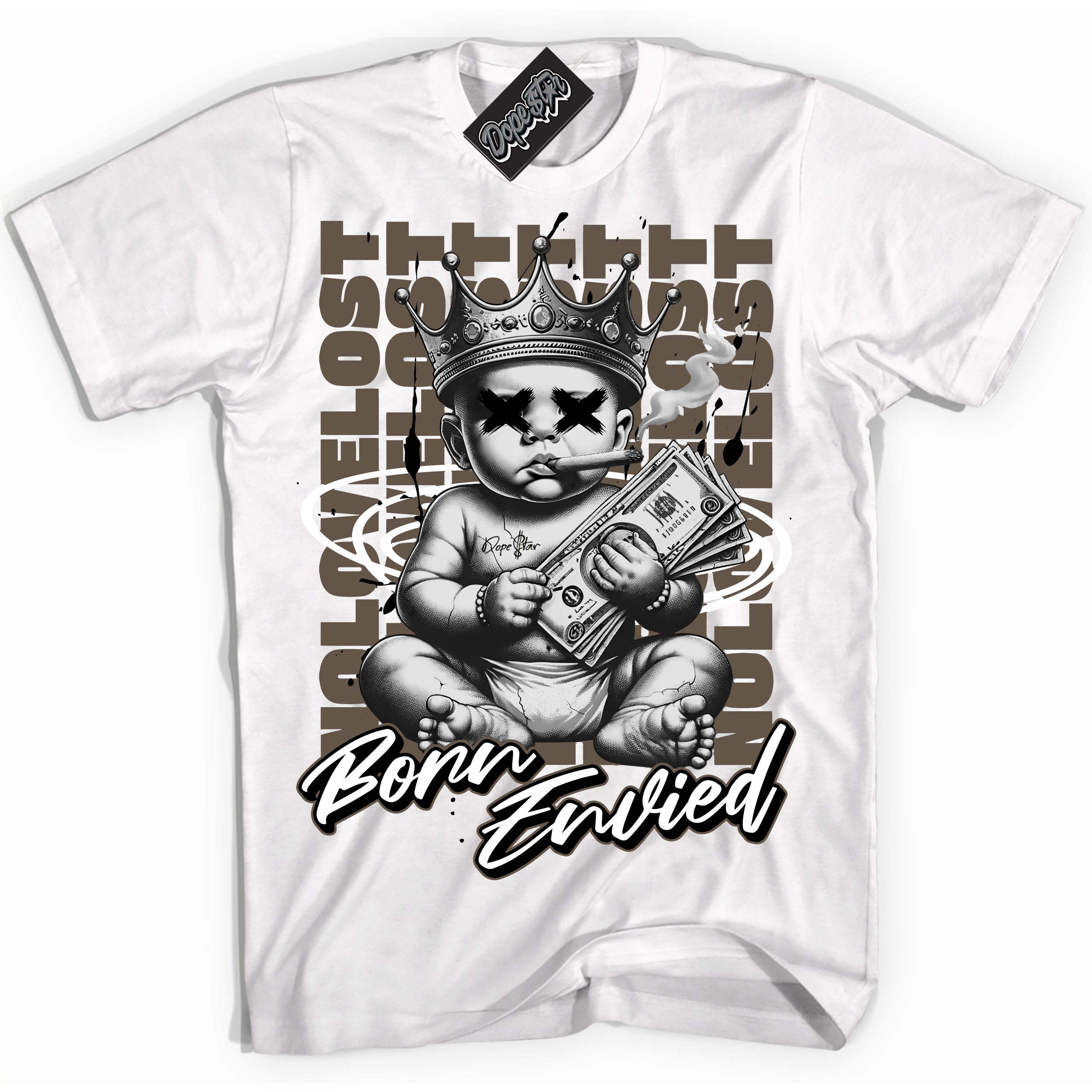 Cool White Shirt with “Born Envied” design that perfectly matches the Mocha Palomino 1s Sneakers.