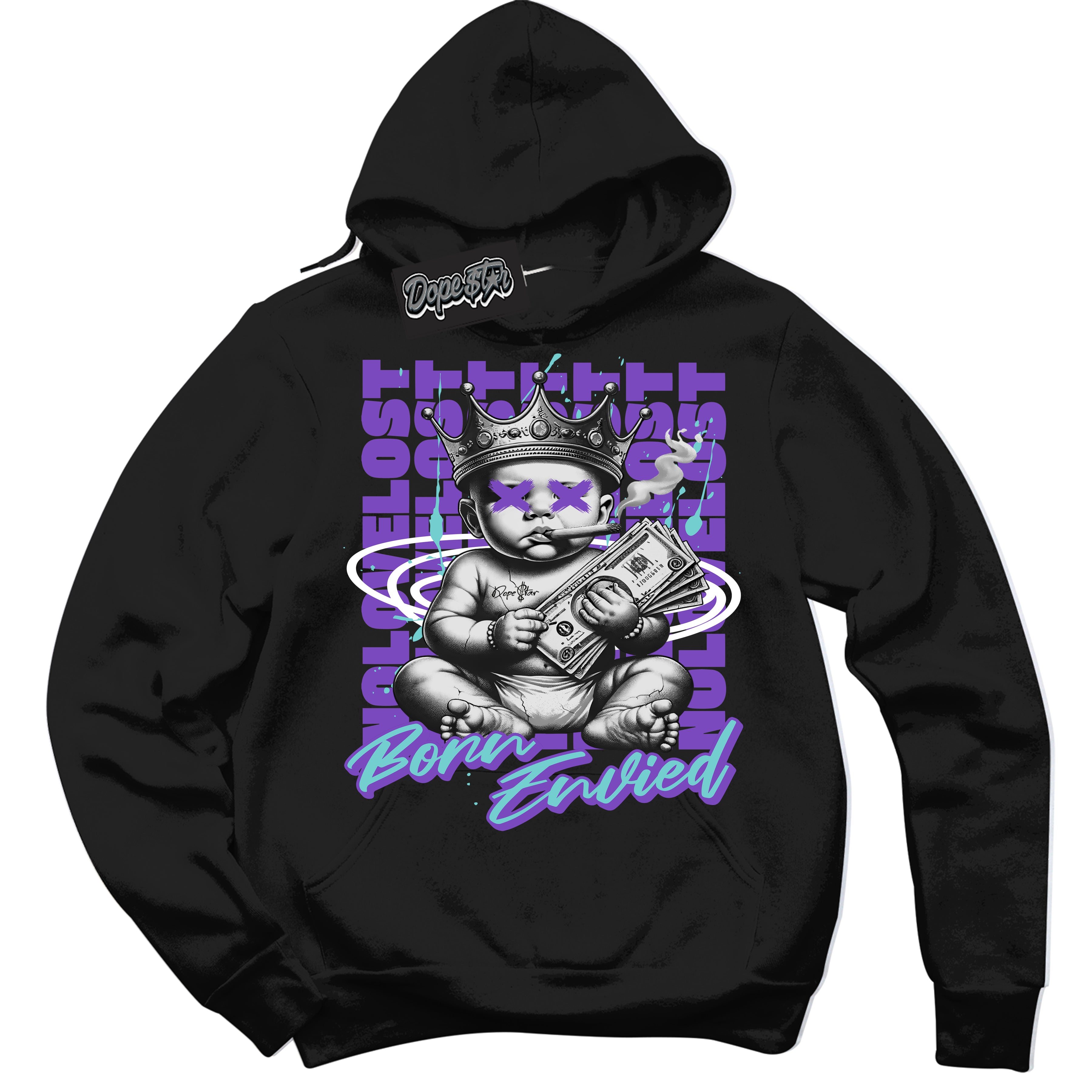 Cool Black Hoodie with “Born Envied” design that Perfectly Matches Psychic Purple Hyper Jade 1s Sneakers.