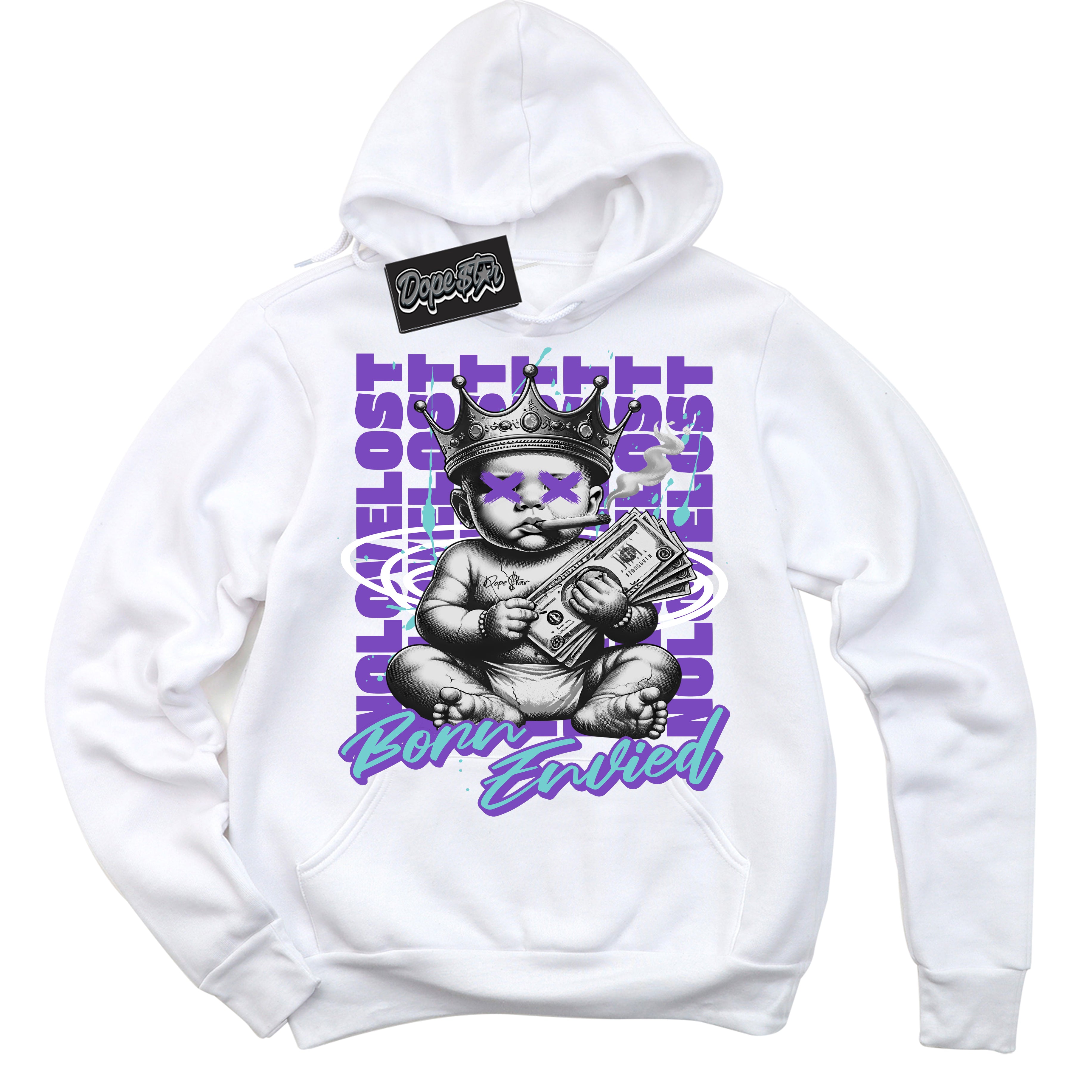 Cool White Hoodie with “Born Envied” design that Perfectly Matches Psychic Purple Hyper Jade 1s Sneakers.