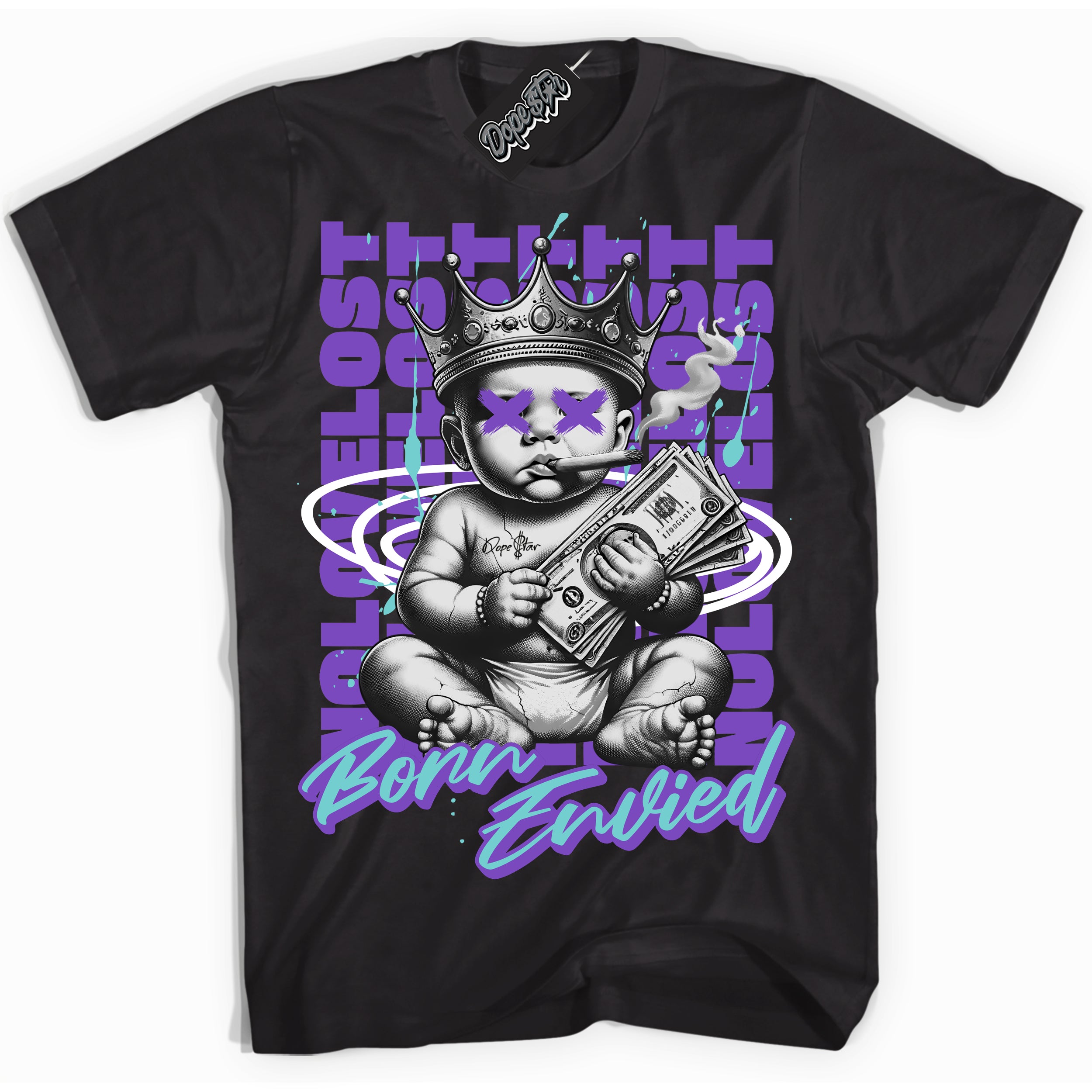 Cool Black Shirt with “Born Envied” design that perfectly matches the Psychic Purple Hyper Jade 1s Sneakers.