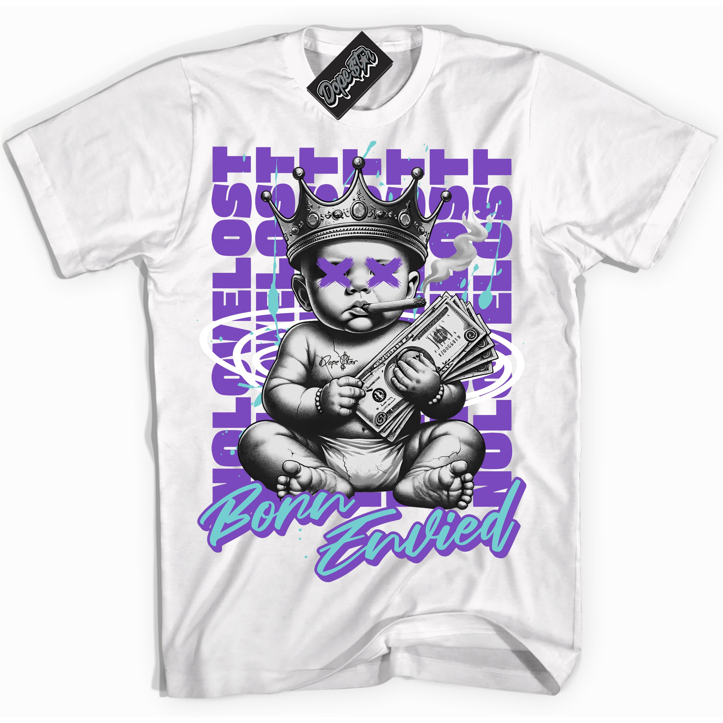 Cool White Shirt with “Born Envied” design that perfectly matches the Psychic Purple Hyper Jade 1s Sneakers.