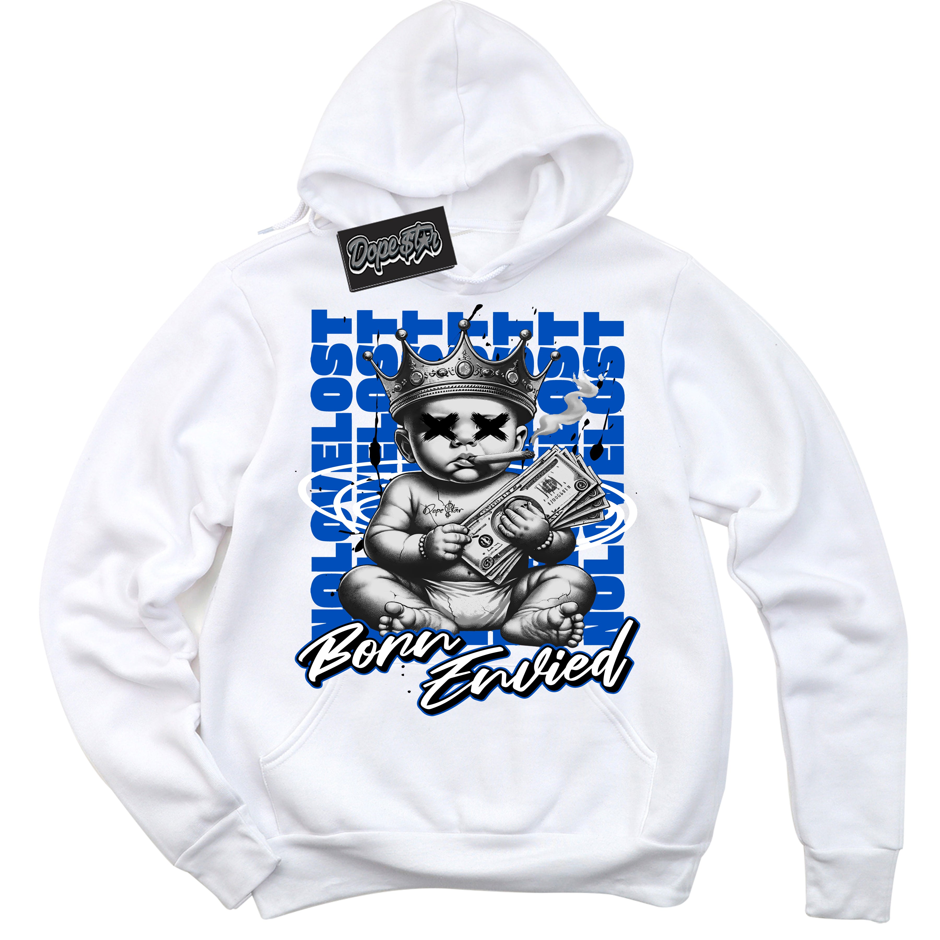 Cool White Hoodie with “Born Envied” design that Perfectly Matches Quai 54 1s Sneakers.