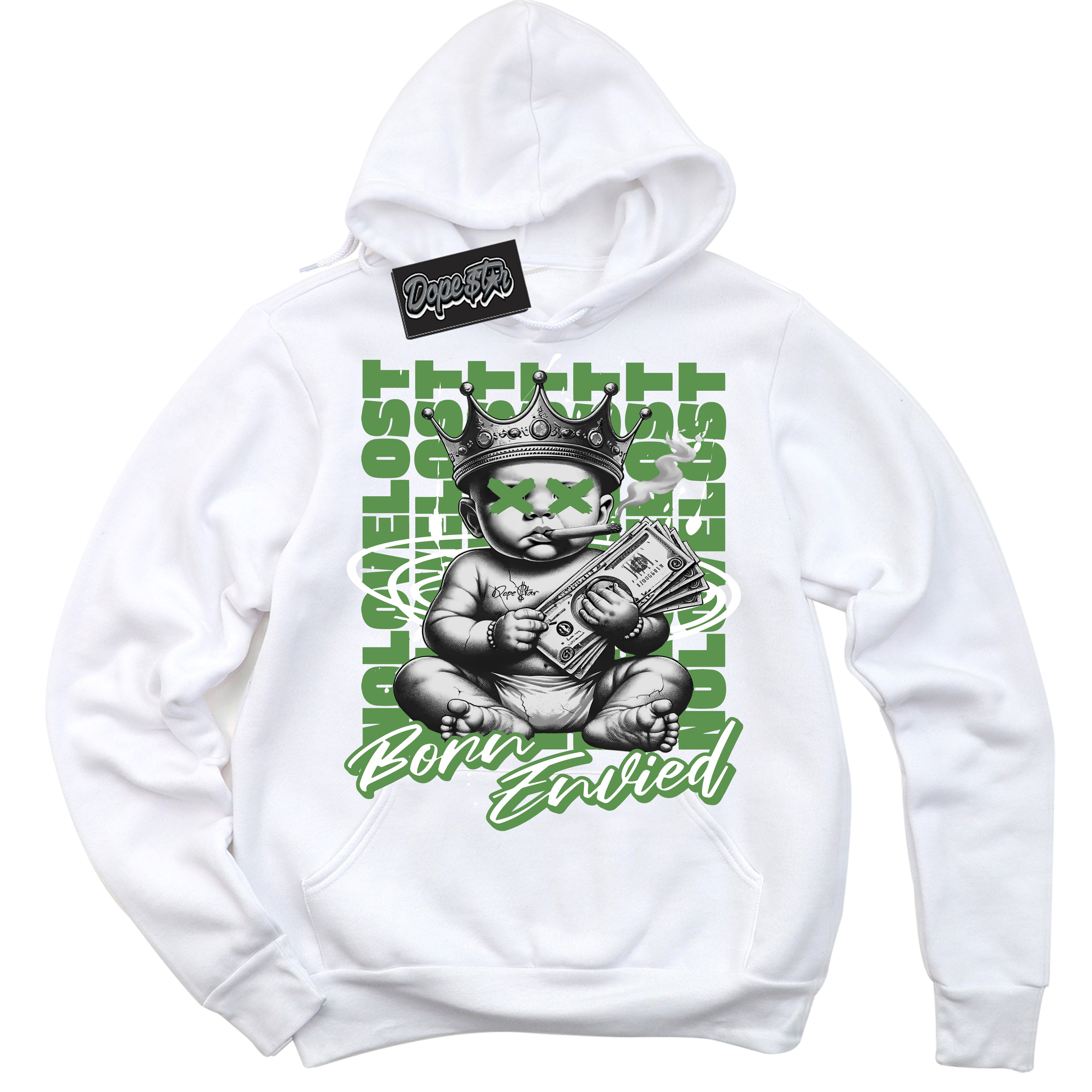 Cool White Hoodie with “Born Envied” design that Perfectly Matches Chlorophyll 1s Sneakers.