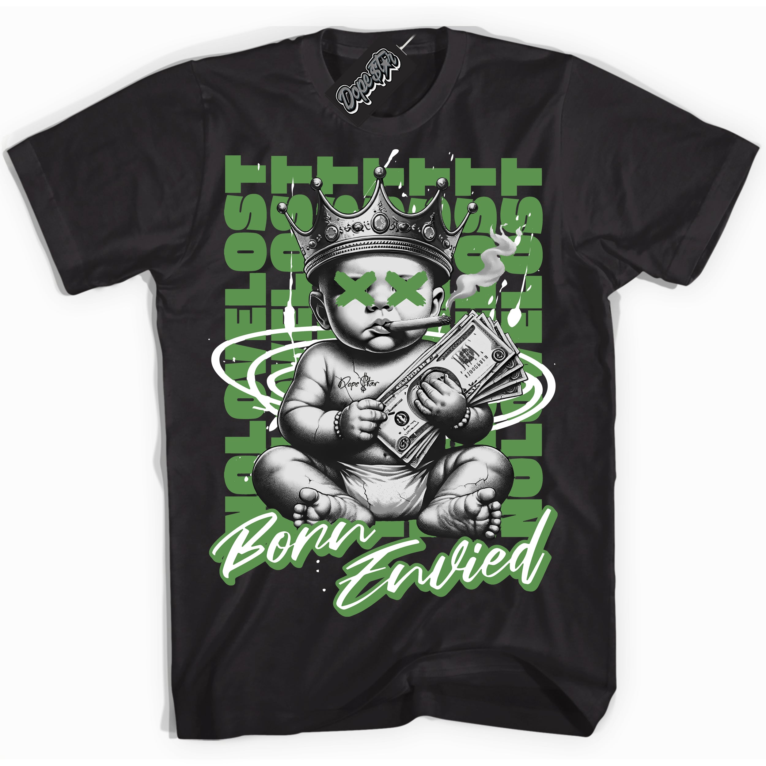 Cool Black Shirt with “Born Envied” design that perfectly matches the Chlorophyll 1s Sneakers.