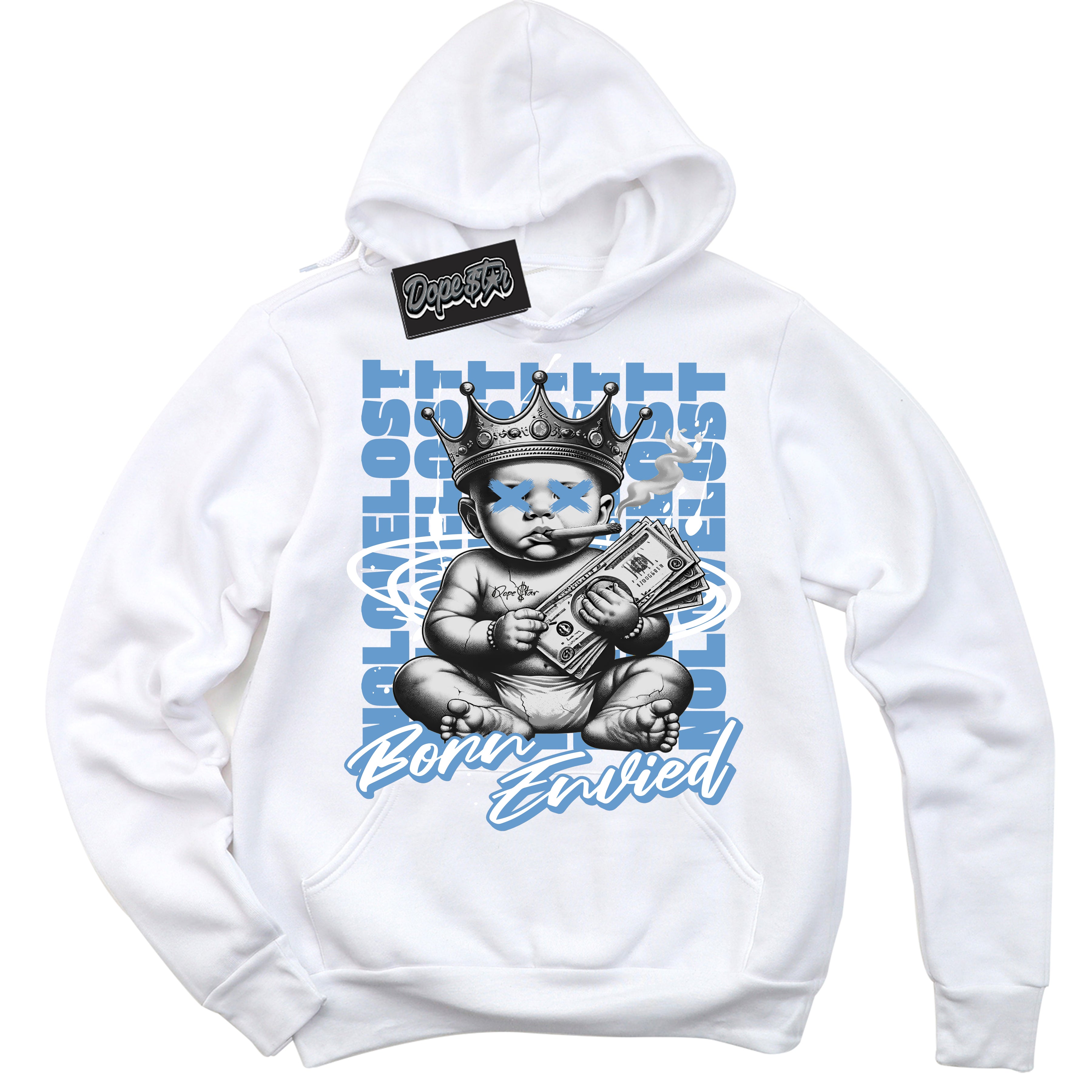 Cool White Hoodie with “Born Envied” design that Perfectly Matches Legend Blue 1s Sneakers.