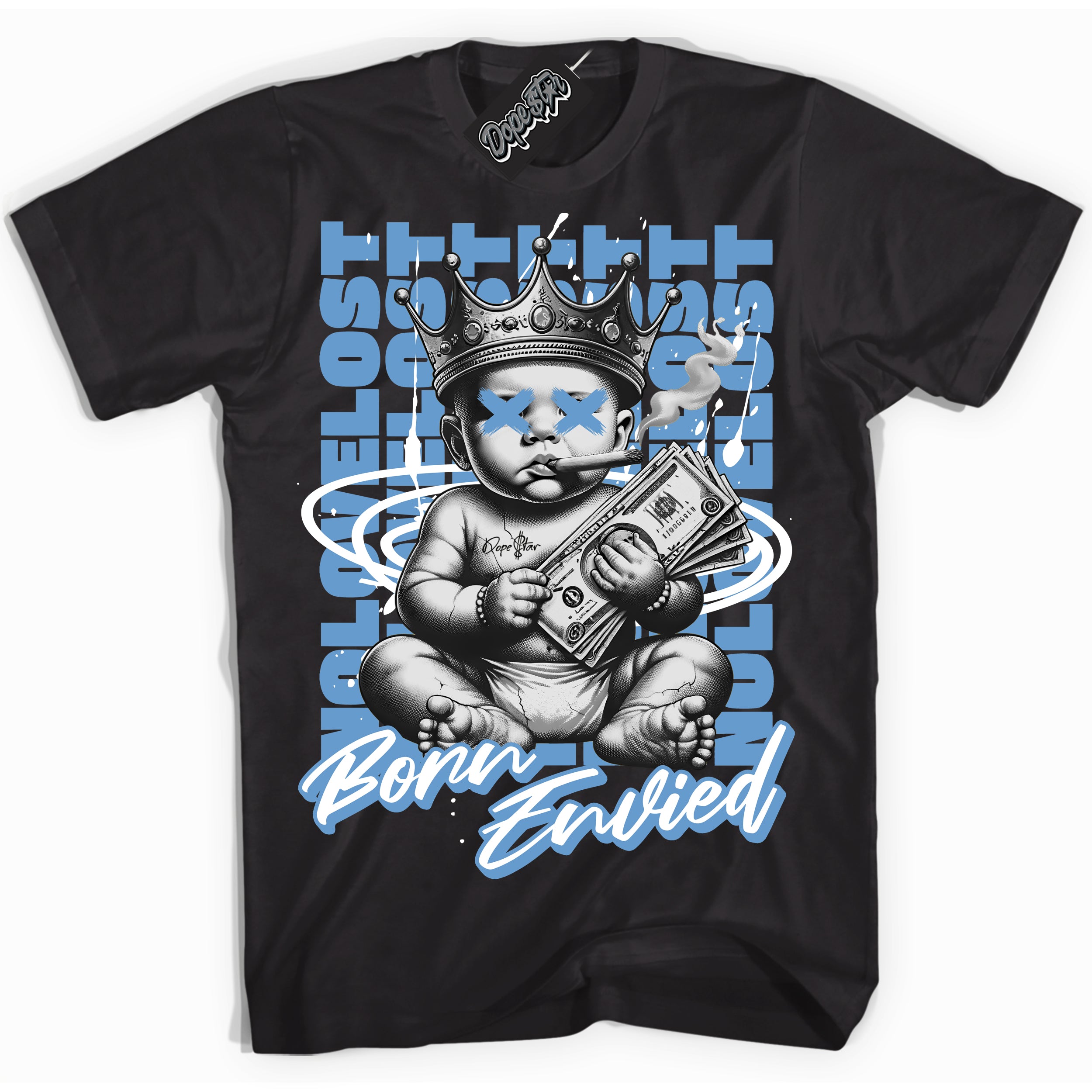 Cool Black Shirt with “Born Envied” design that perfectly matches the Legend Blue 1s Sneakers.