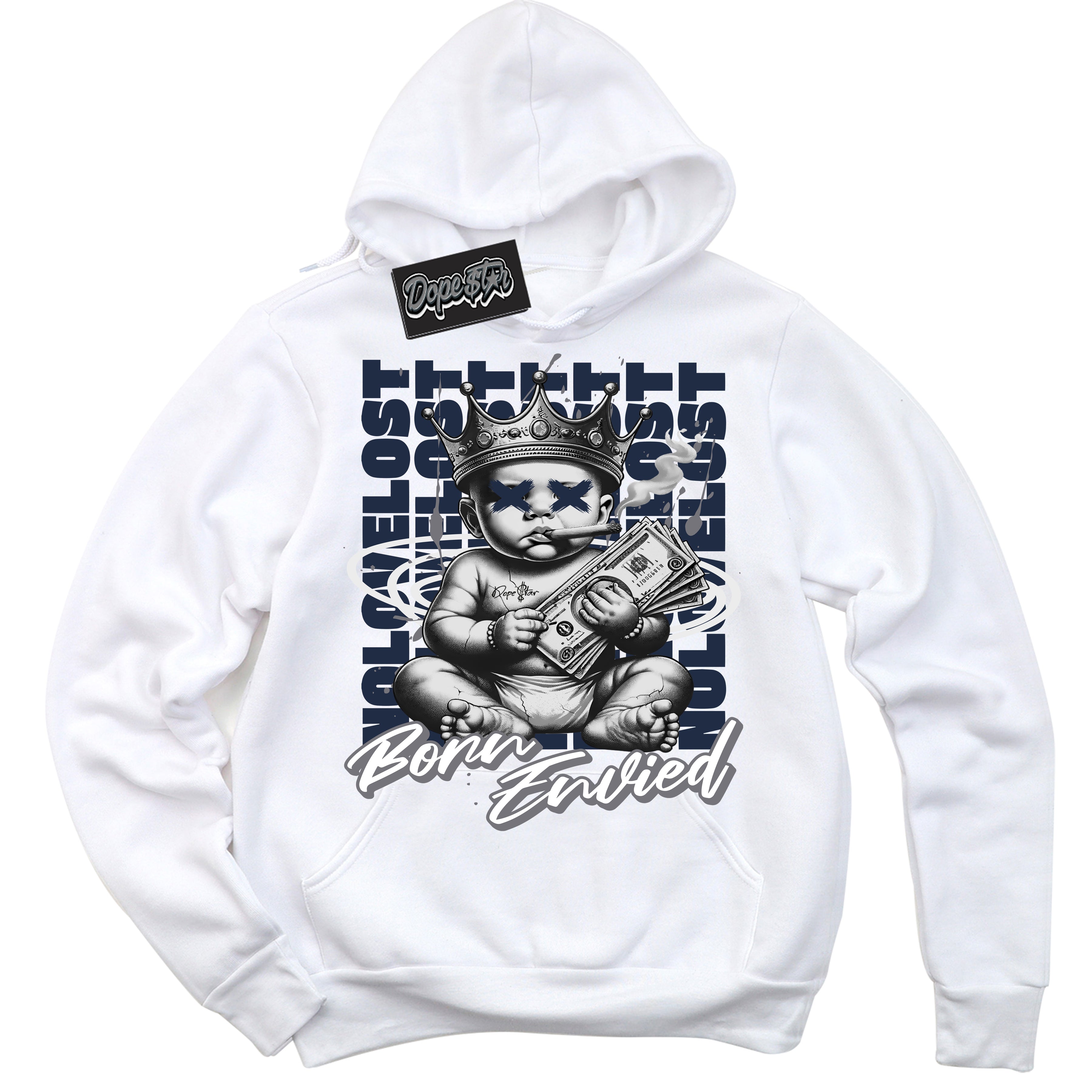 Cool White Hoodie with “Born Envied” design that Perfectly Matches Low Wolf Grey 1s Sneakers.