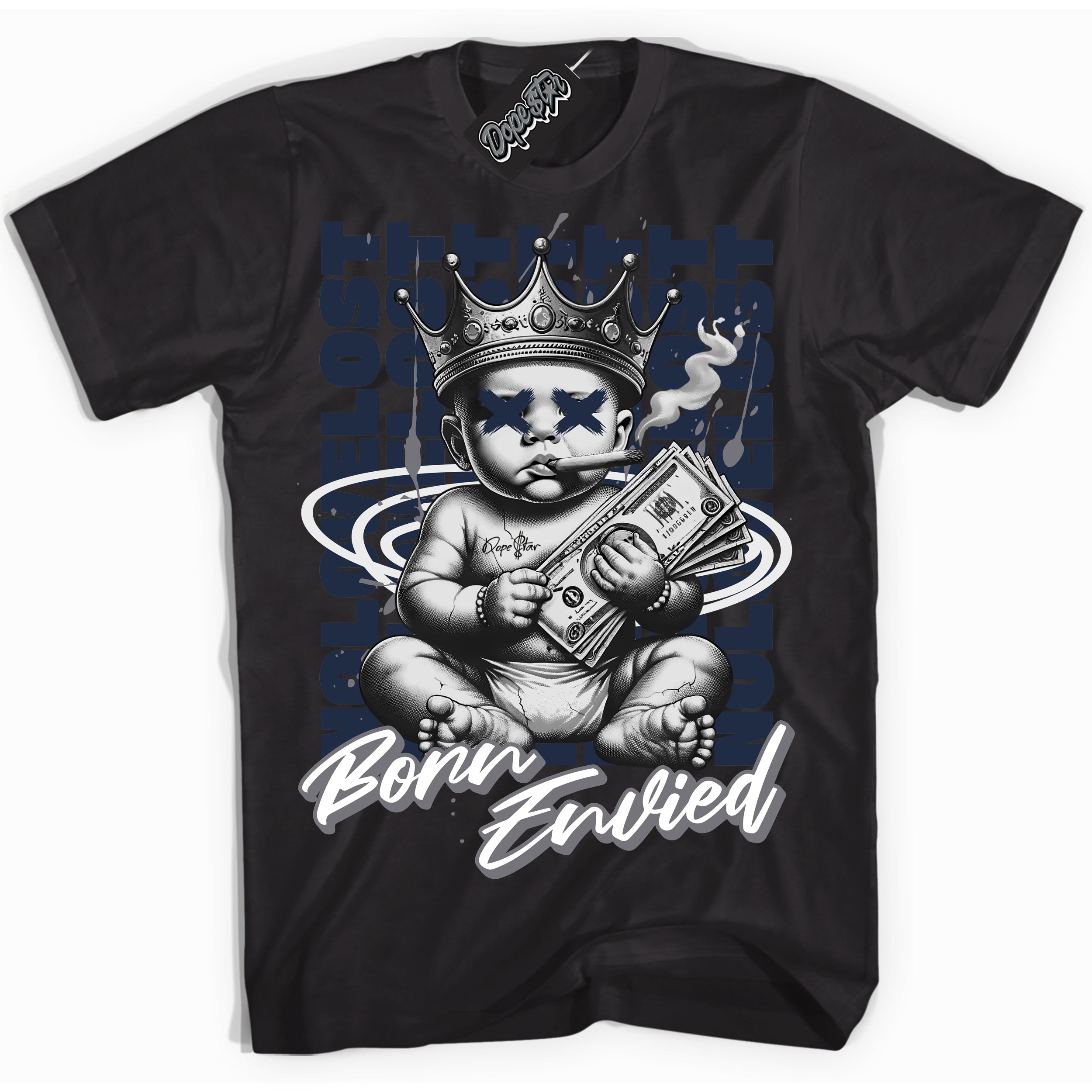 Cool Black Shirt with “Born Envied” design that perfectly matches the Low Wolf Grey 1s Sneakers.