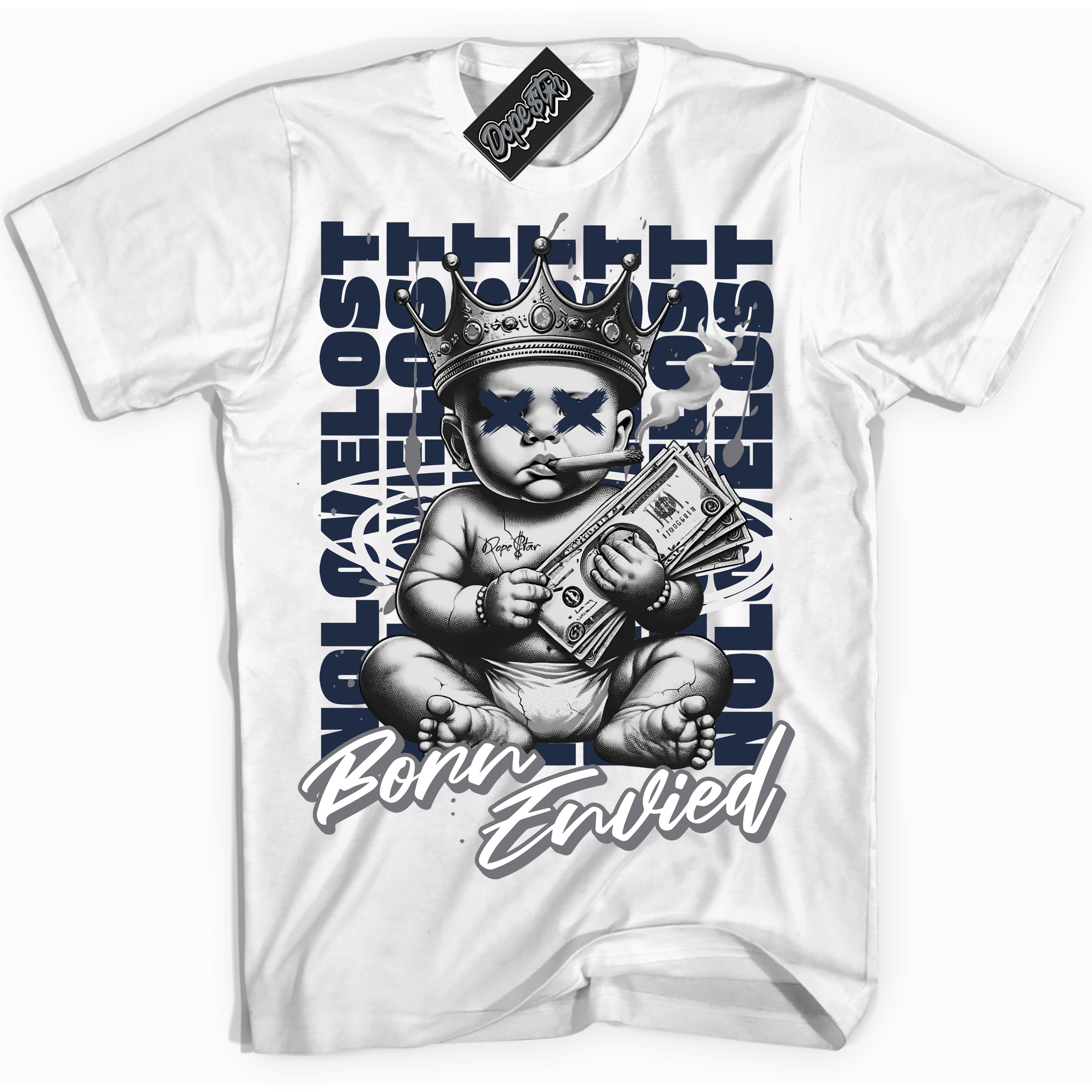 Cool White Shirt with “Born Envied” design that perfectly matches the Low Wolf Grey 1s Sneakers.