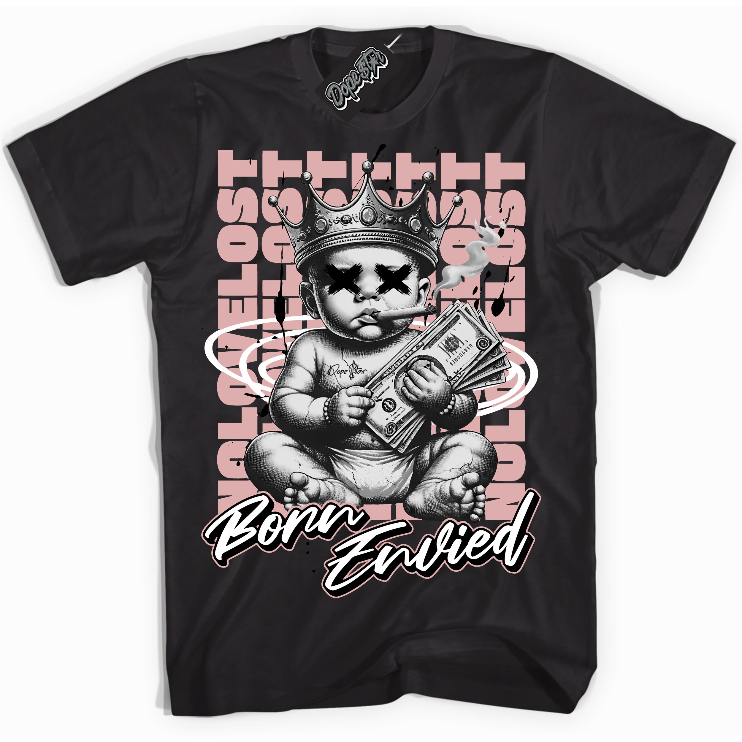 Cool Black Shirt with “Born Envied” design that perfectly matches the Legend Pink 1s Sneakers.