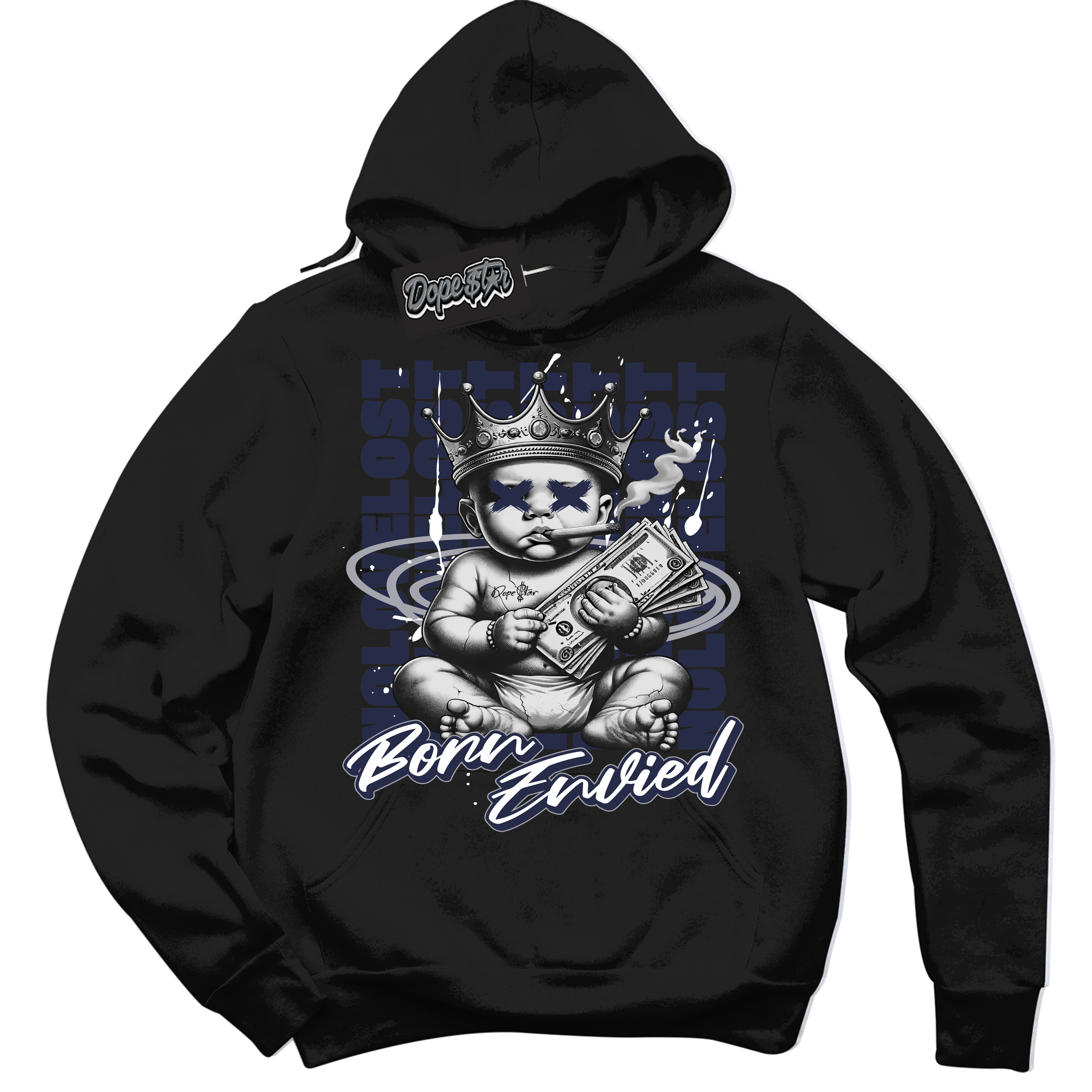 Cool Black Hoodie with “Born Envied” design that Perfectly Matches Wolf Grey Midnight Navy 1s Sneakers.