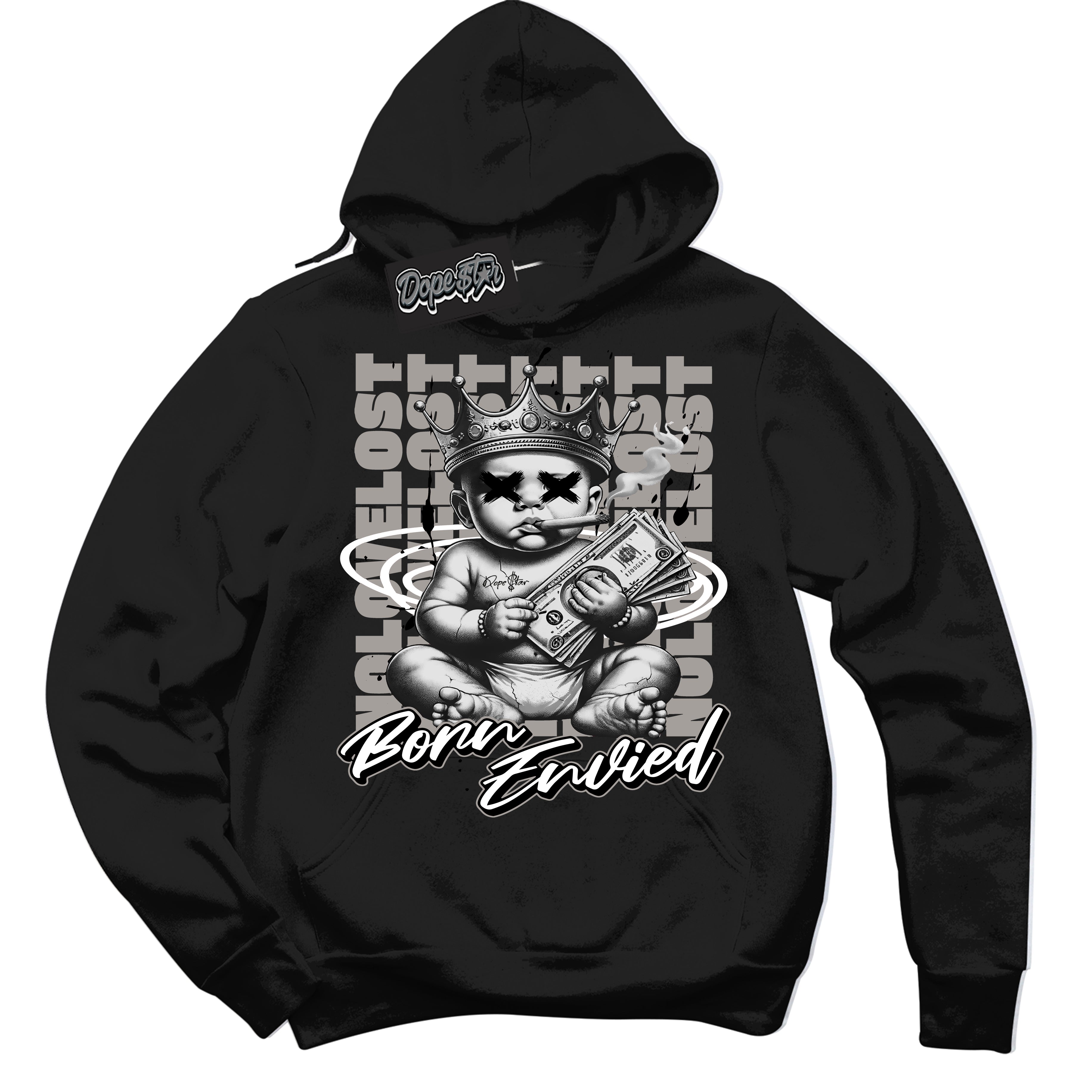 Cool Black Hoodie with “Born Envied” design that Perfectly Matches Satin Shadow 1s Sneakers.