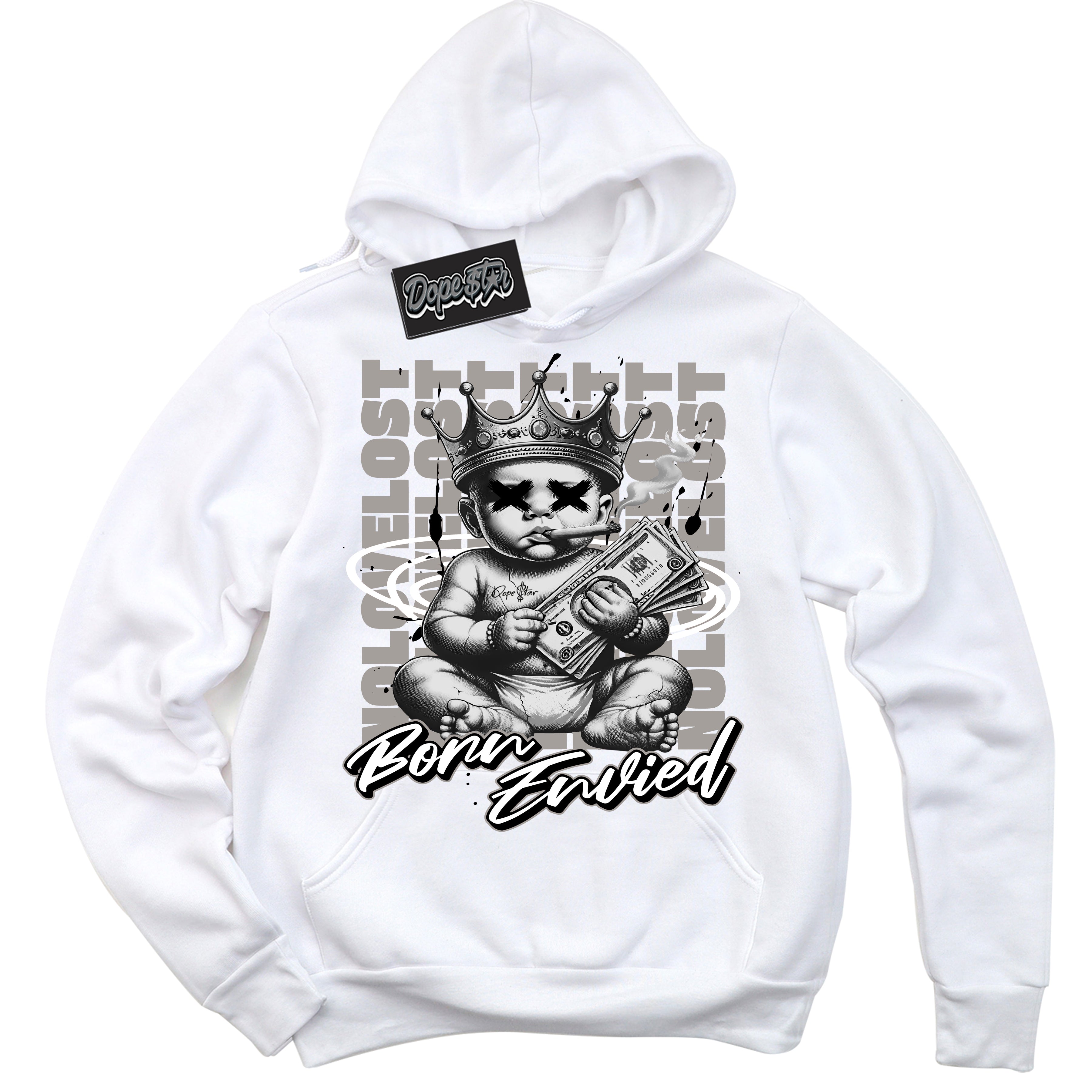 Cool White Hoodie with “Born Envied” design that Perfectly Matches Satin Shadow 1s Sneakers.