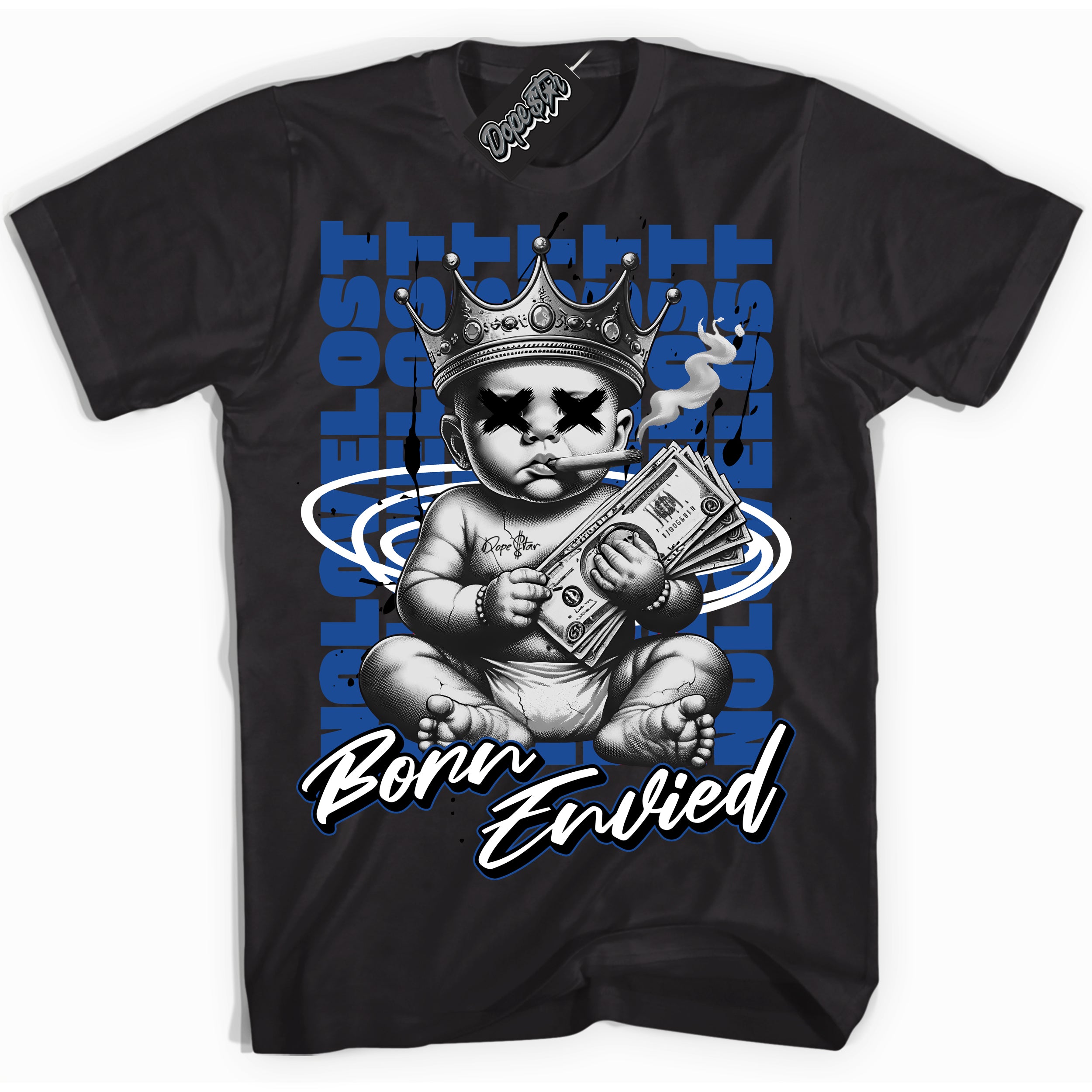 Cool Black Shirt with “Born Envied” design that perfectly matches the Game Royal 1s Sneakers.