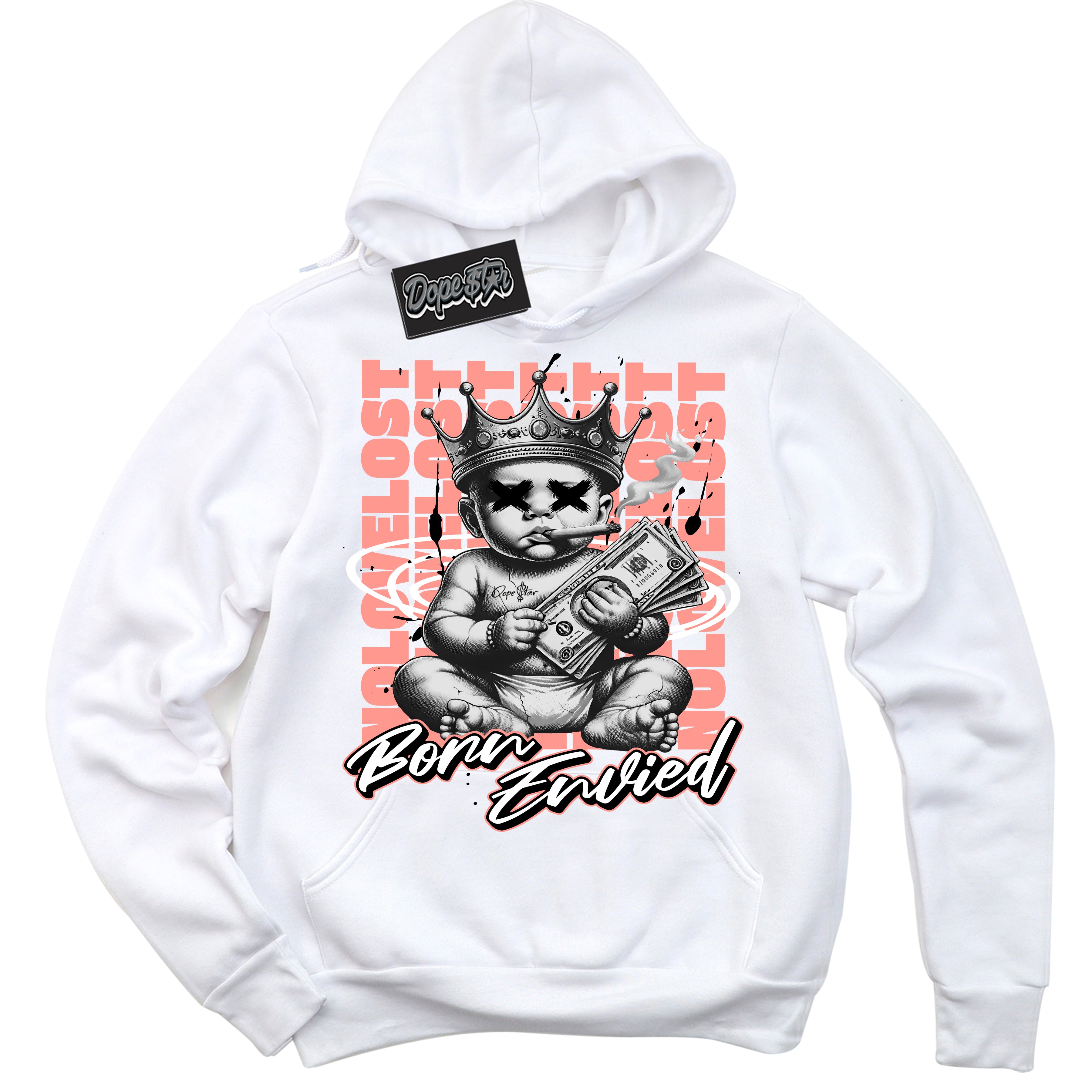 Cool White Hoodie with “Born Envied” design that Perfectly Matches Paris Saint Germain 1s Sneakers.