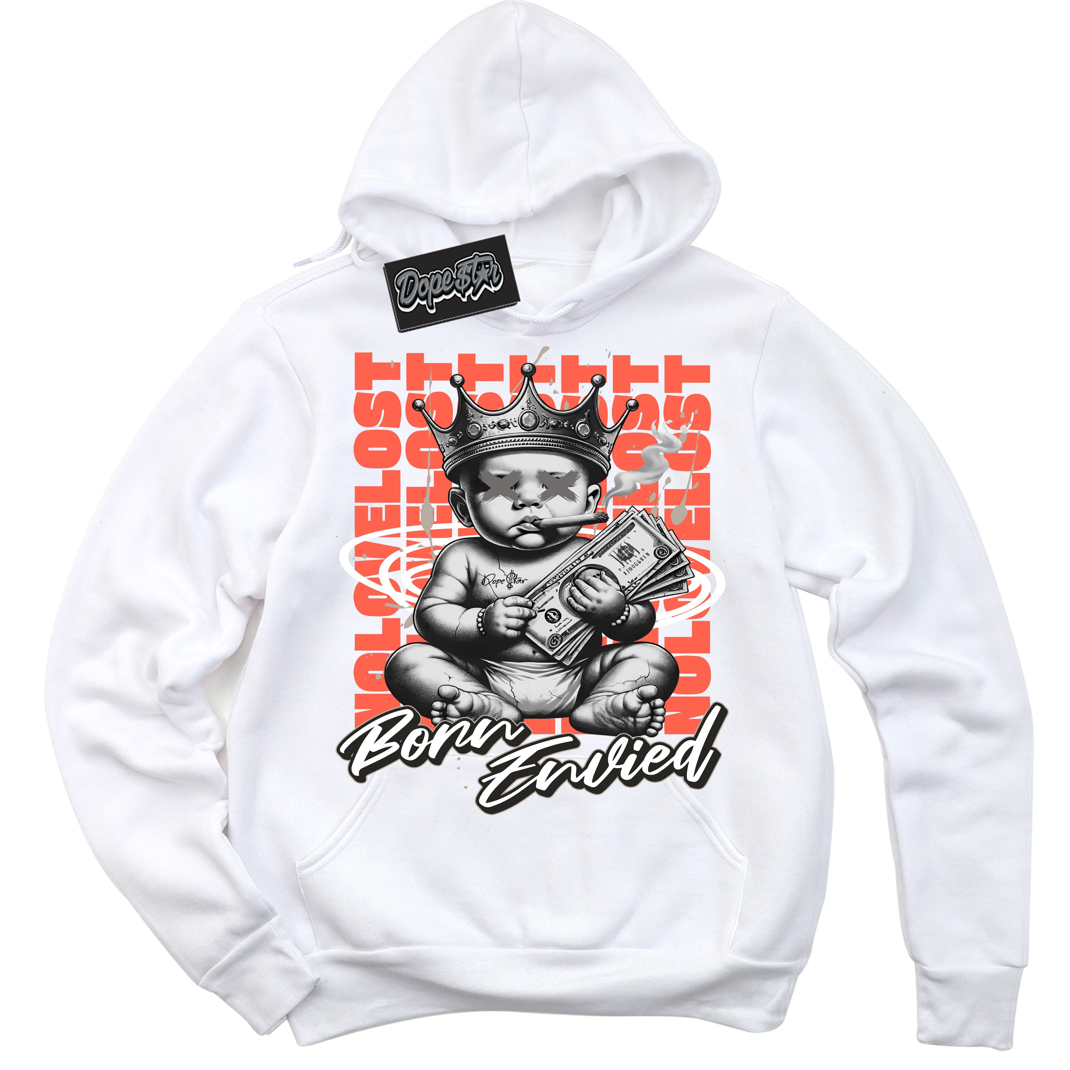 Cool White Hoodie with “Born Envied” design that Perfectly Matches Georgia Peach 3s Sneakers.