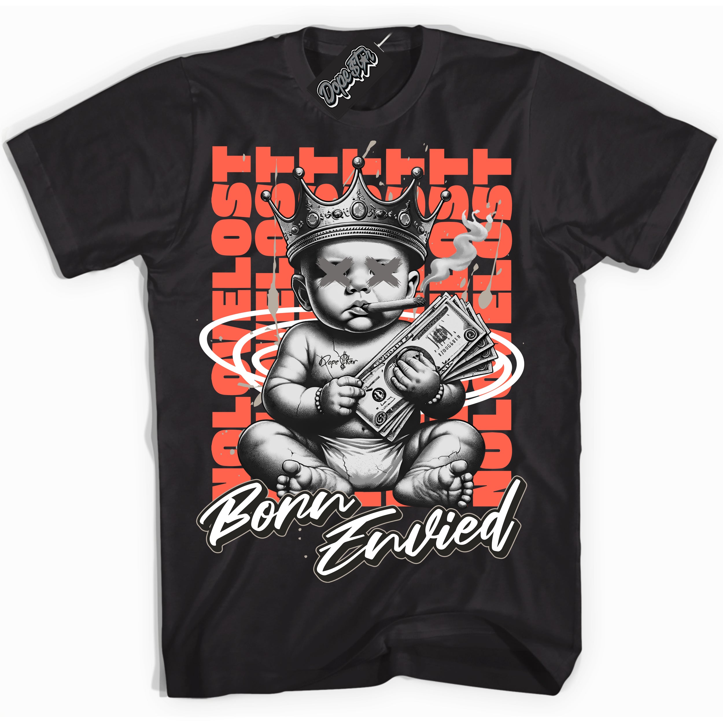 Cool Black Shirt with “Born Envied” design that perfectly matches the Georgia Peach 3s Sneakers.