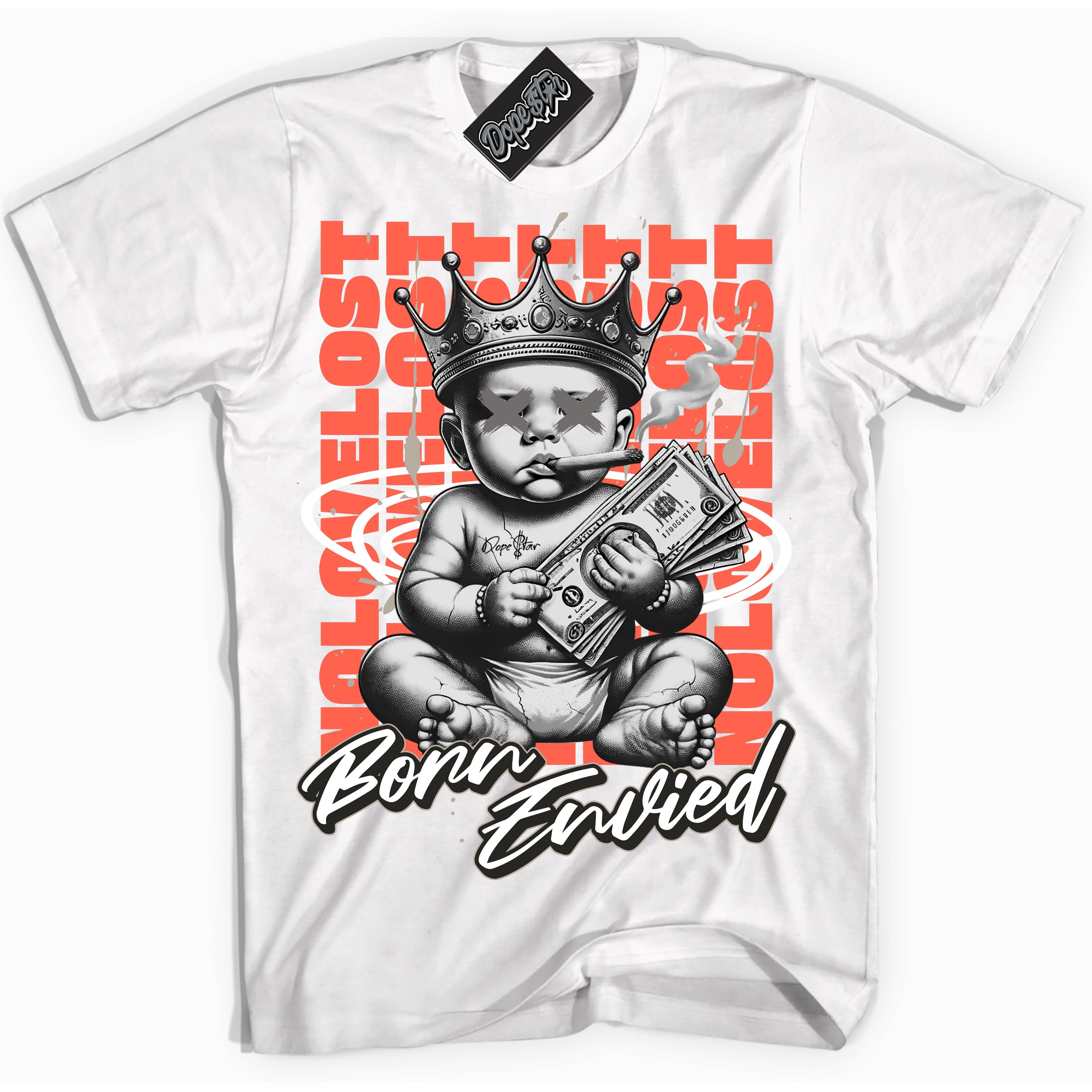 Cool White Shirt with “Born Envied” design that perfectly matches the Georgia Peach 3s Sneakers.