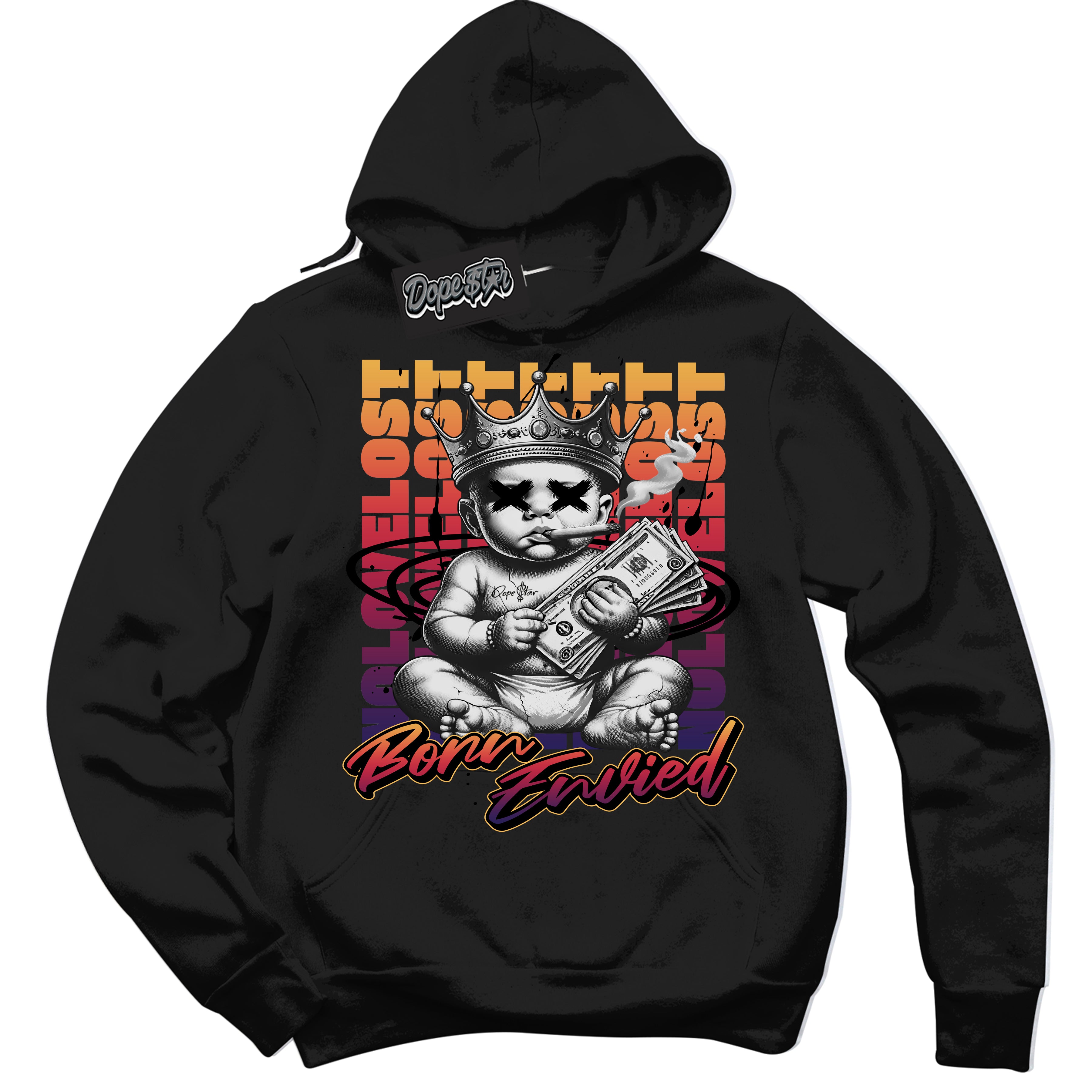 Cool Black Hoodie with “Born Envied” design that Perfectly Matches J Balvin Rio 3s Sneakers.