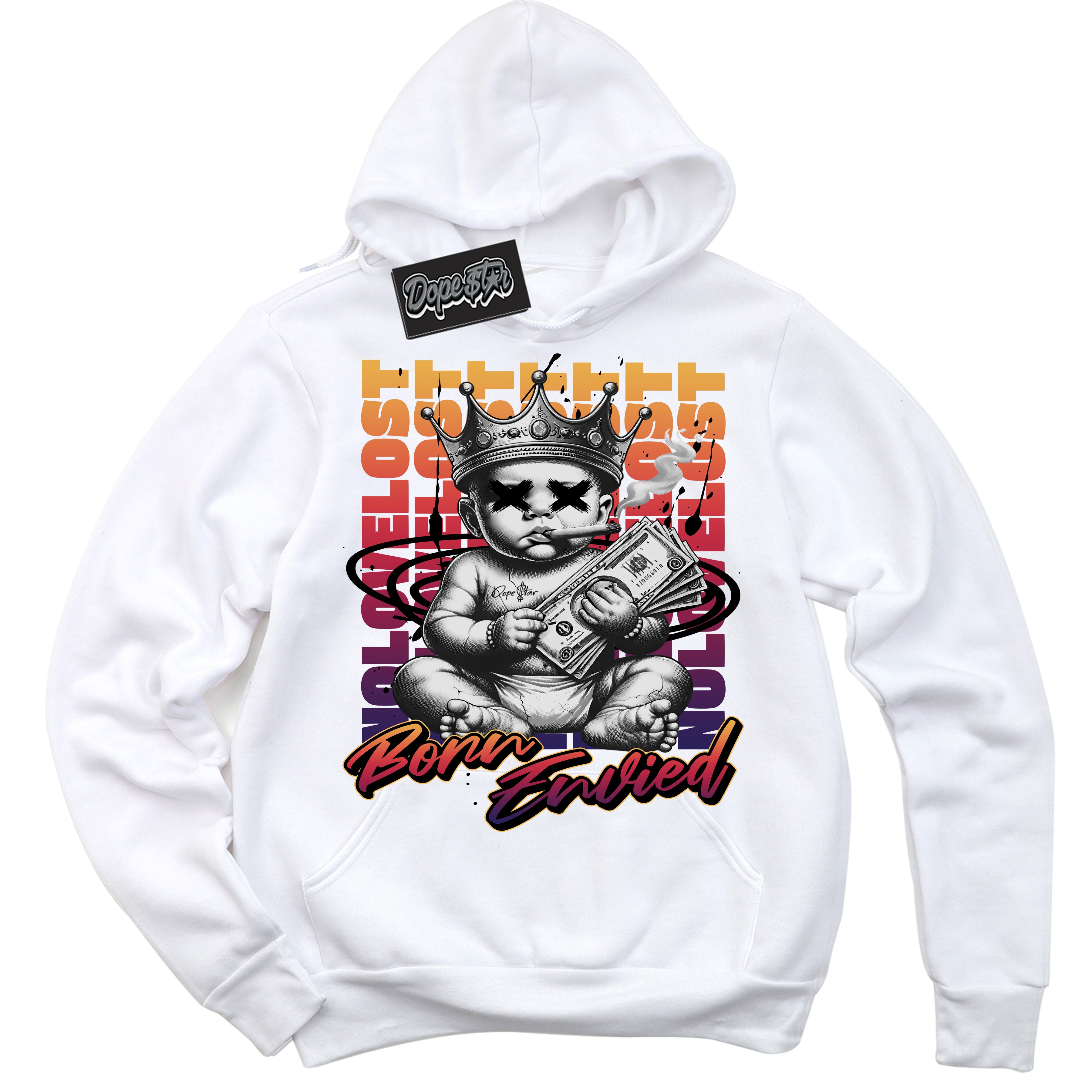 Cool White Hoodie with “Born Envied” design that Perfectly Matches J Balvin Rio 3s Sneakers.